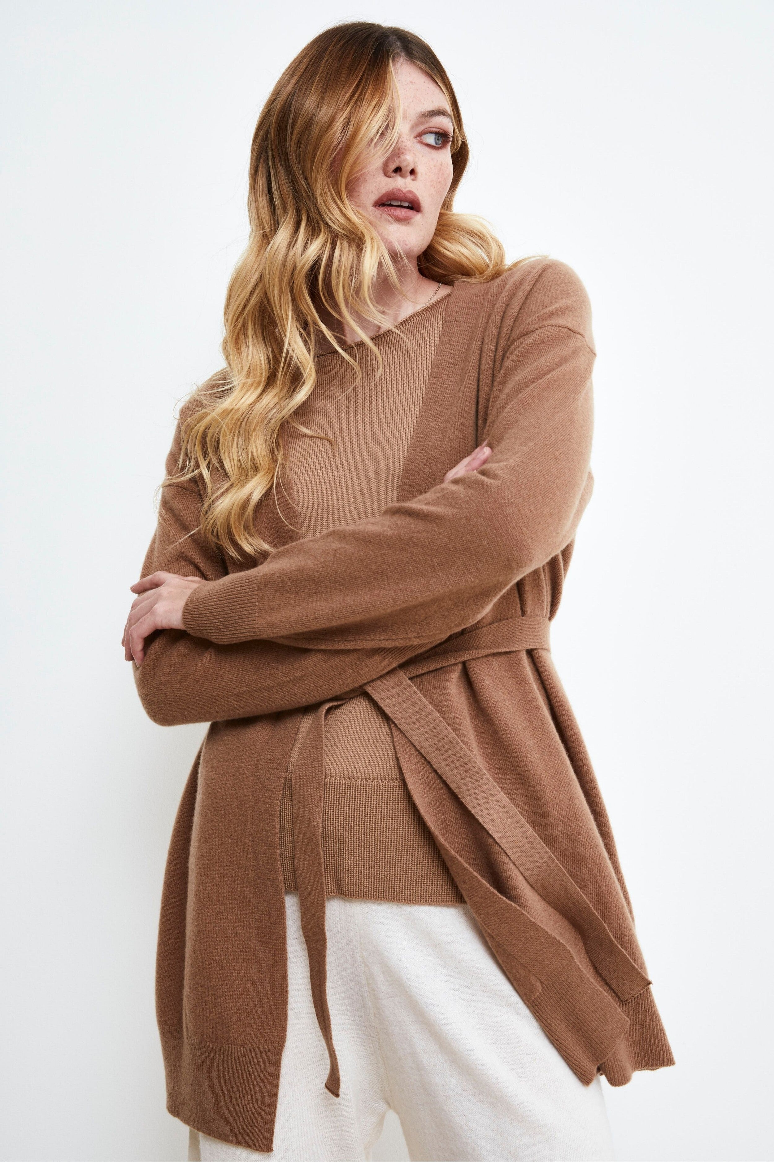 Cardigan con Cintura in Lana e Cashmere - CAMMELLO