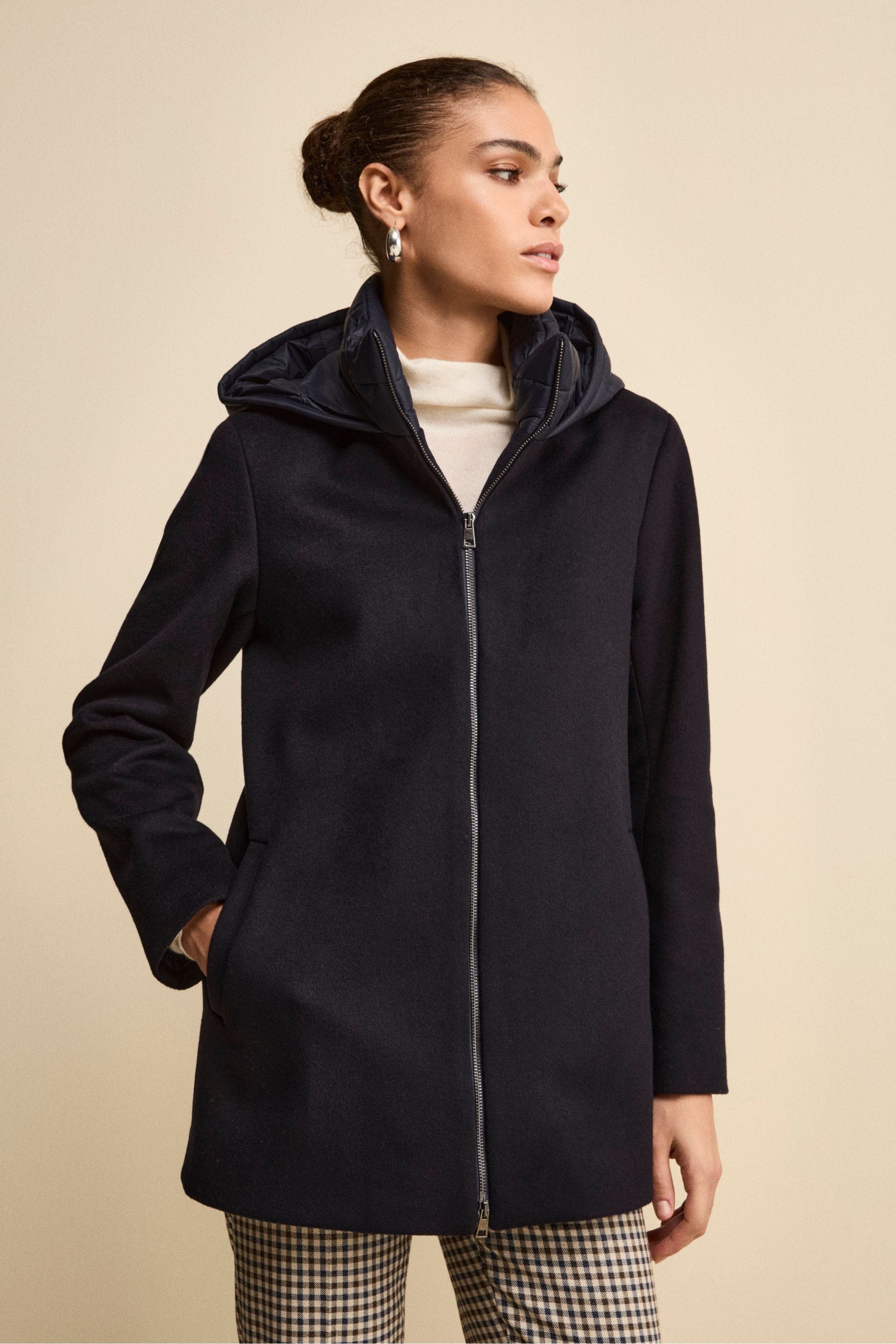 Cappotto Midi in Lana e Cashmere con Zip e Cappuccio - BLU