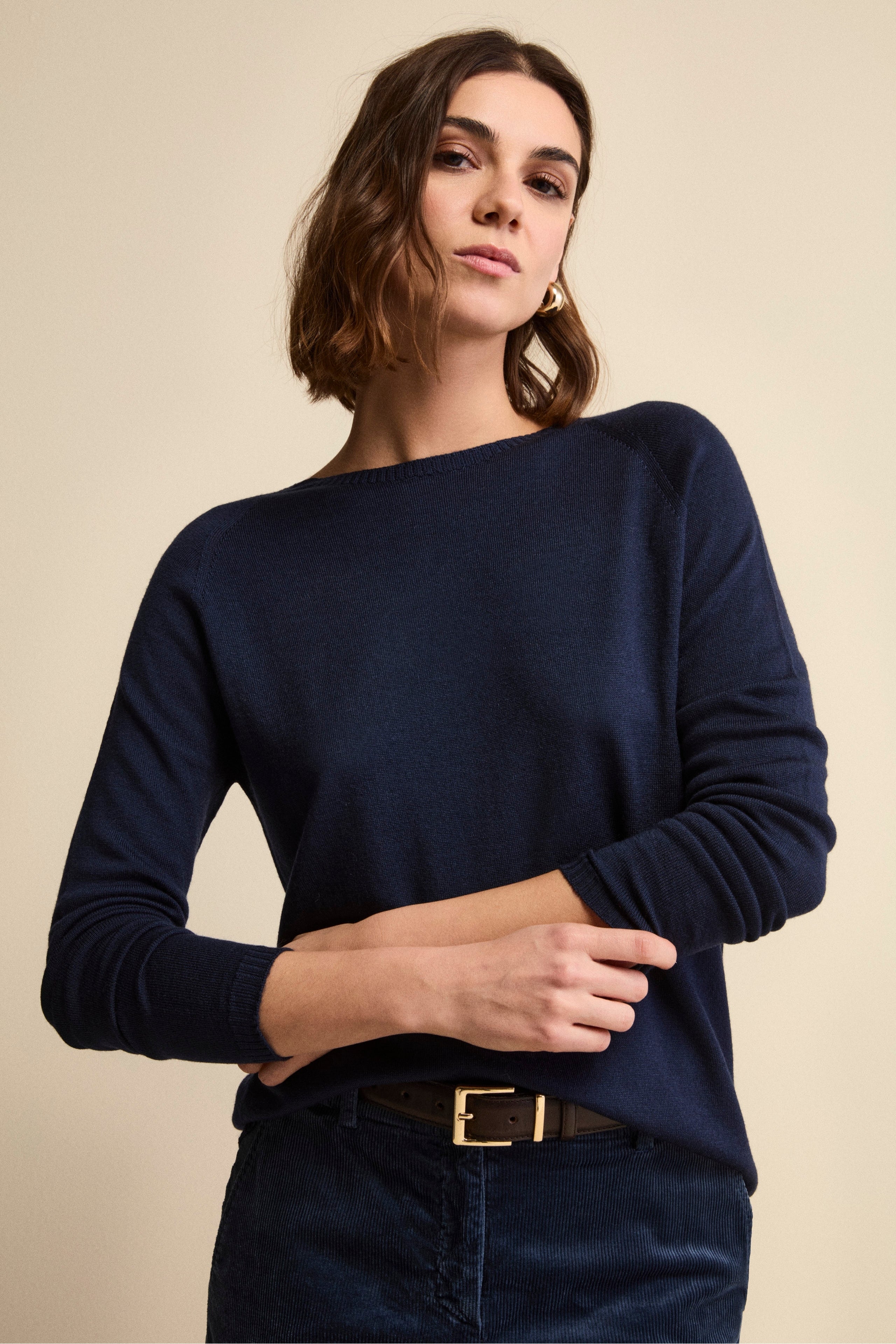 Girocollo in Lana Merino con Bordi a Coste - NAVY