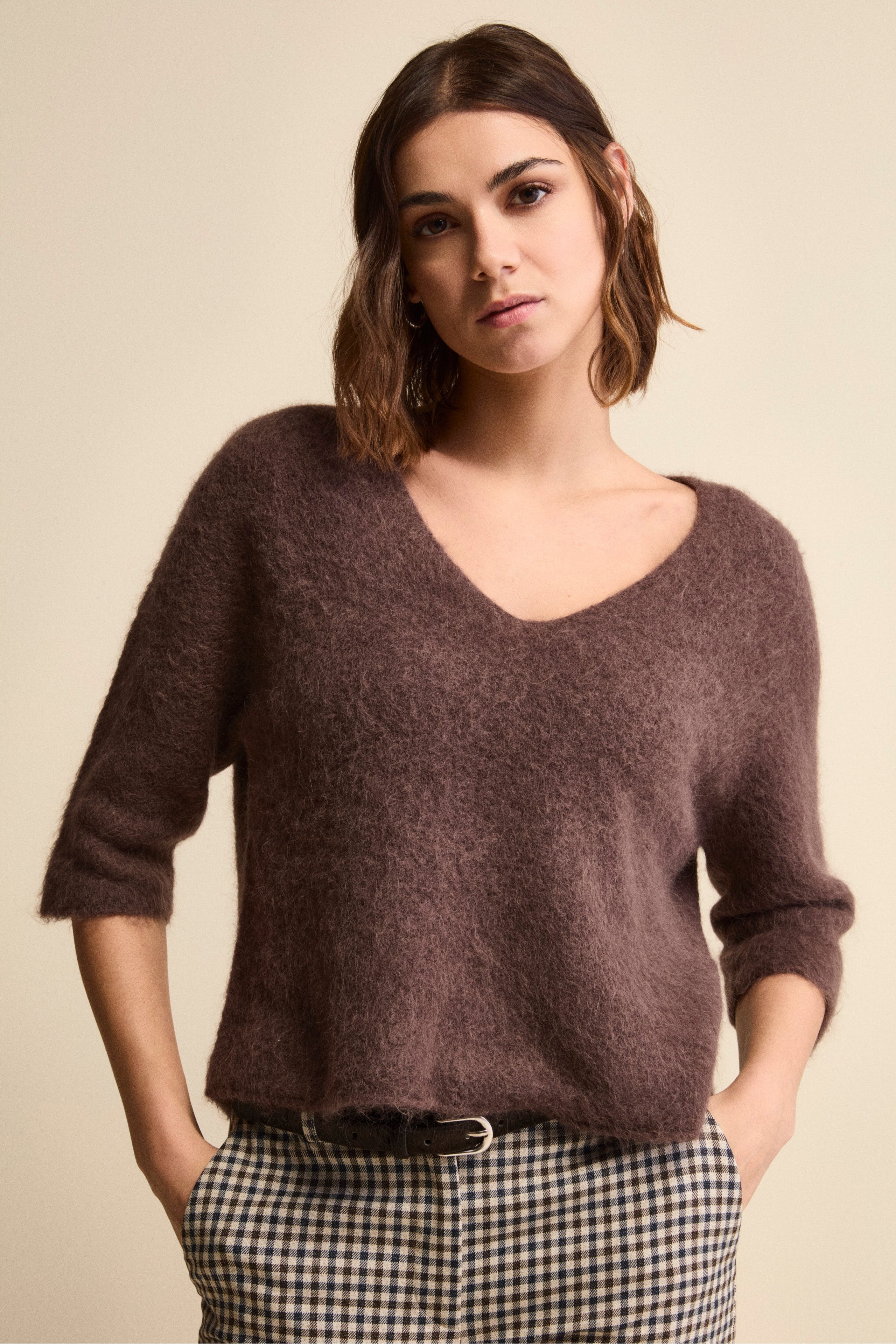 Maglia Boxy Scollo a V in Misto Alpaca - T.MORO