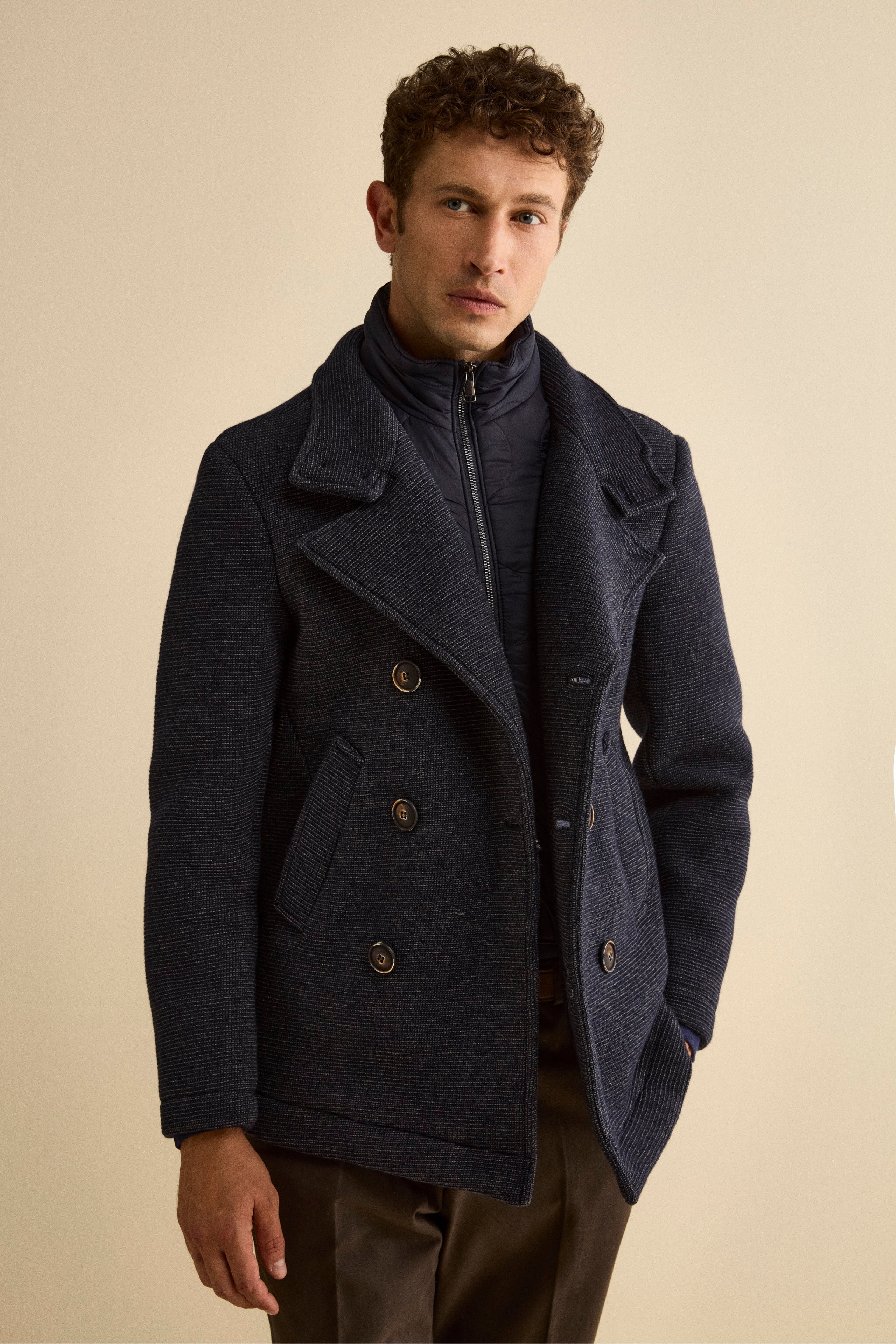 Peacoat Doppiopetto in Misto Lana con Pettorina - BLU MELANGE