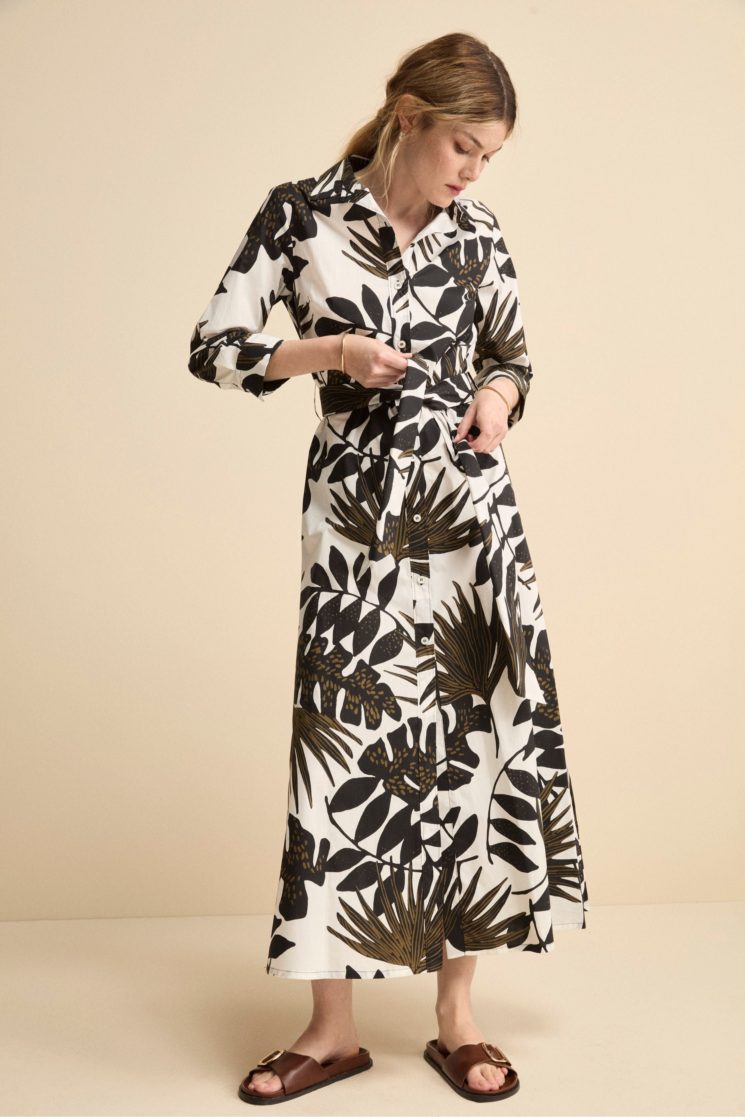 Abito Floreale in Popeline con Cintura - FANT. BIANCO/NERO