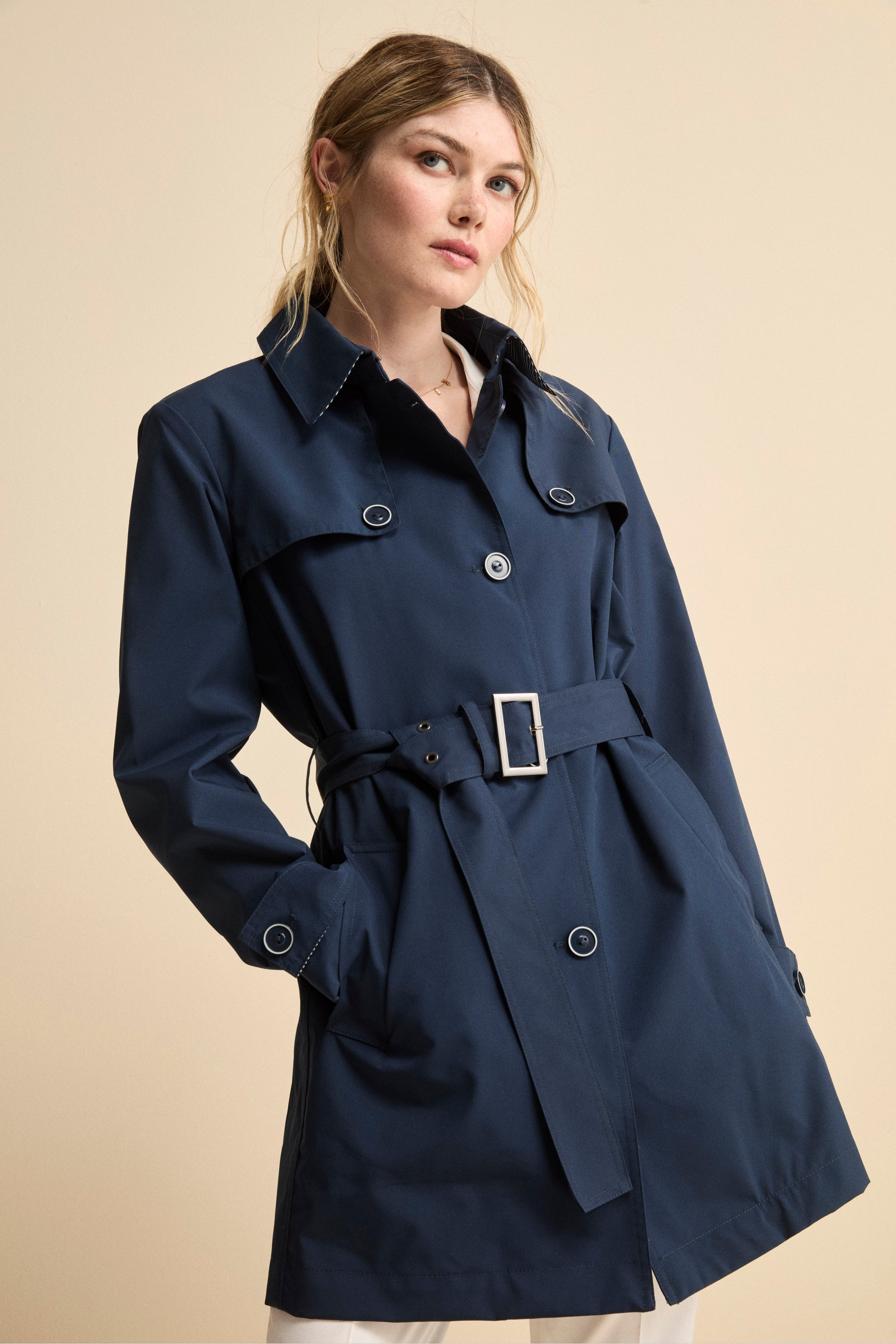Trench Monopetto Midi con Cintura - BLU