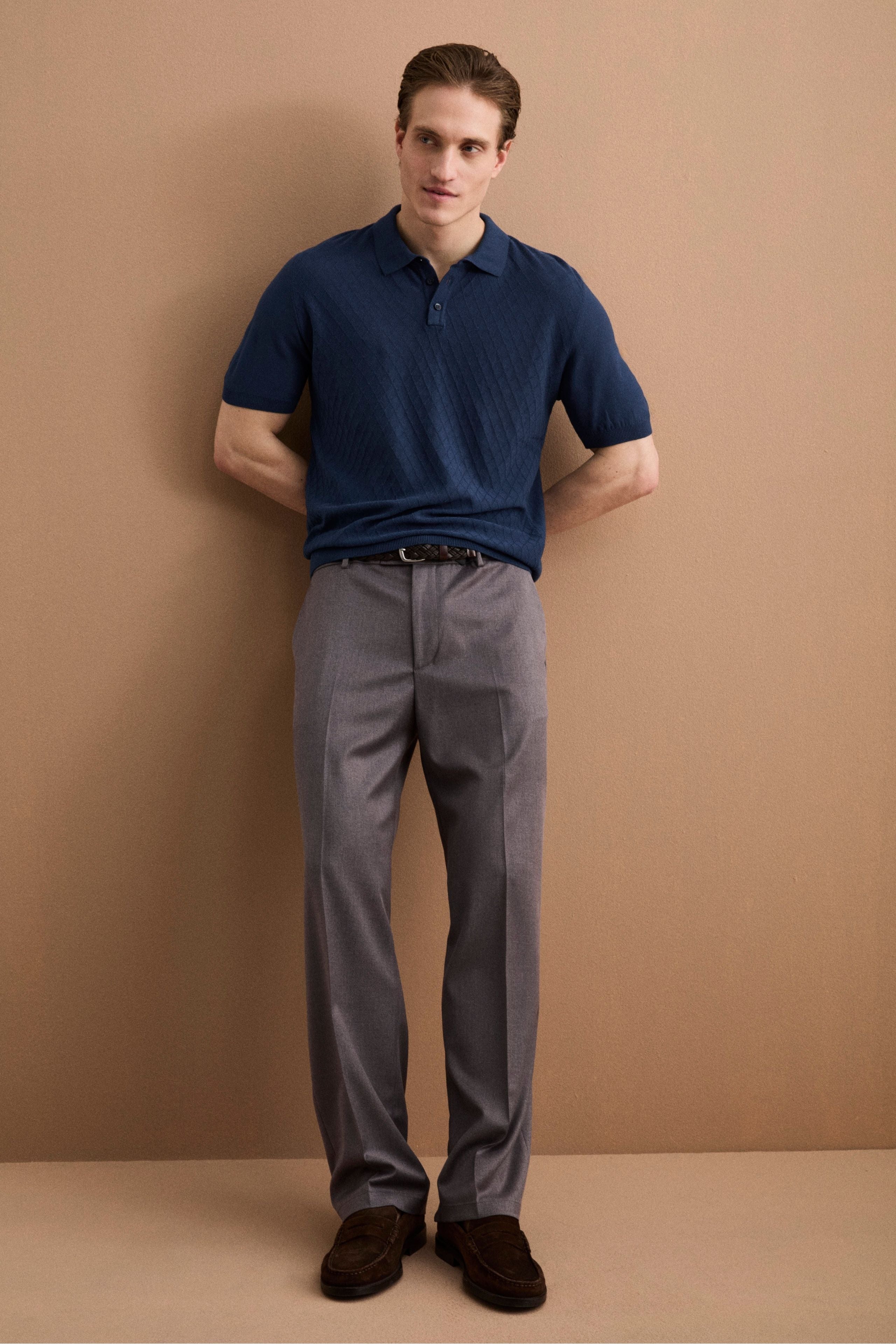 Polo Mezza Manica a Rombi in Cotone Crêpe - BLU CHIARO