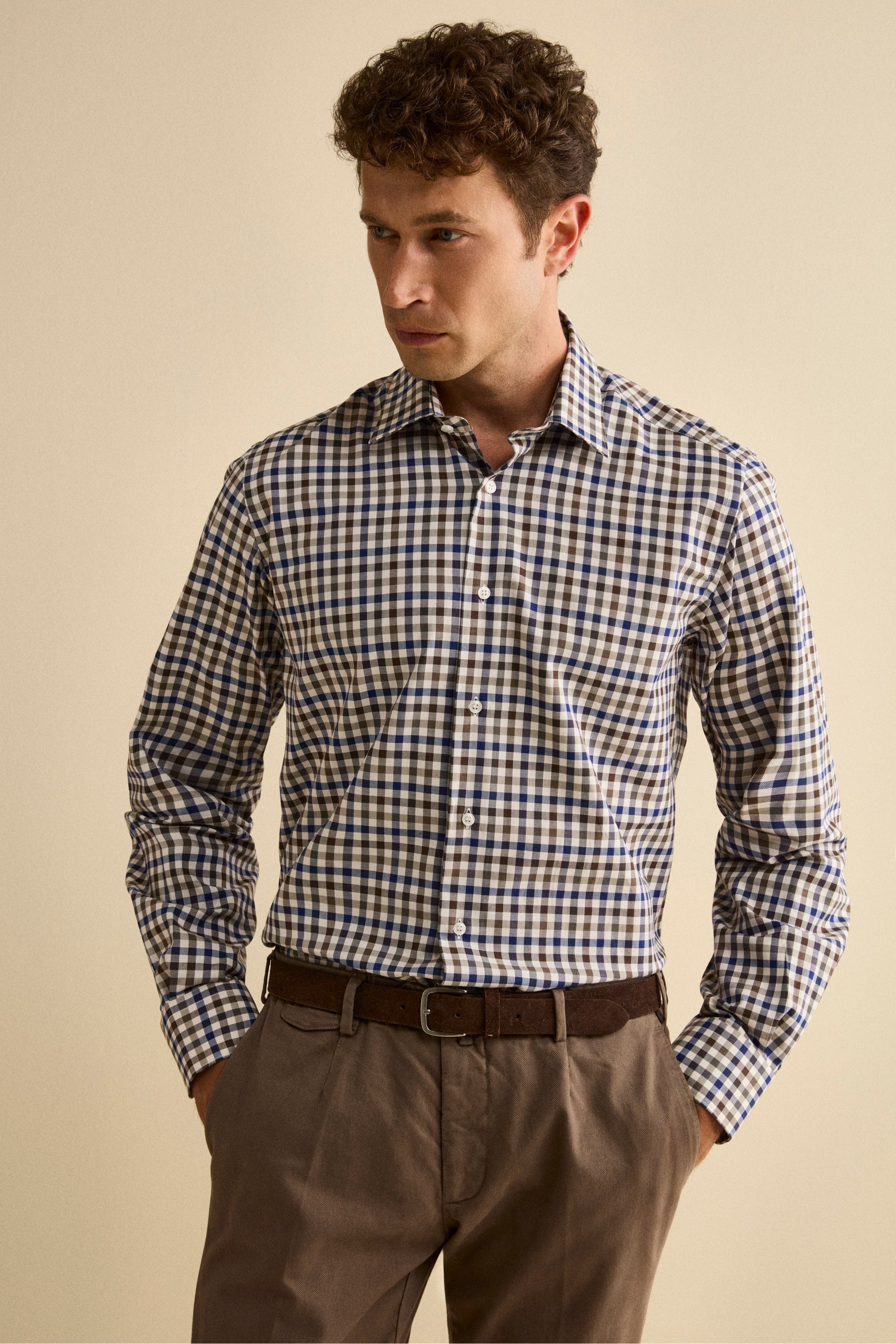Camicia Check Regular Fit in Cotone - BLU/MORO QUADRI