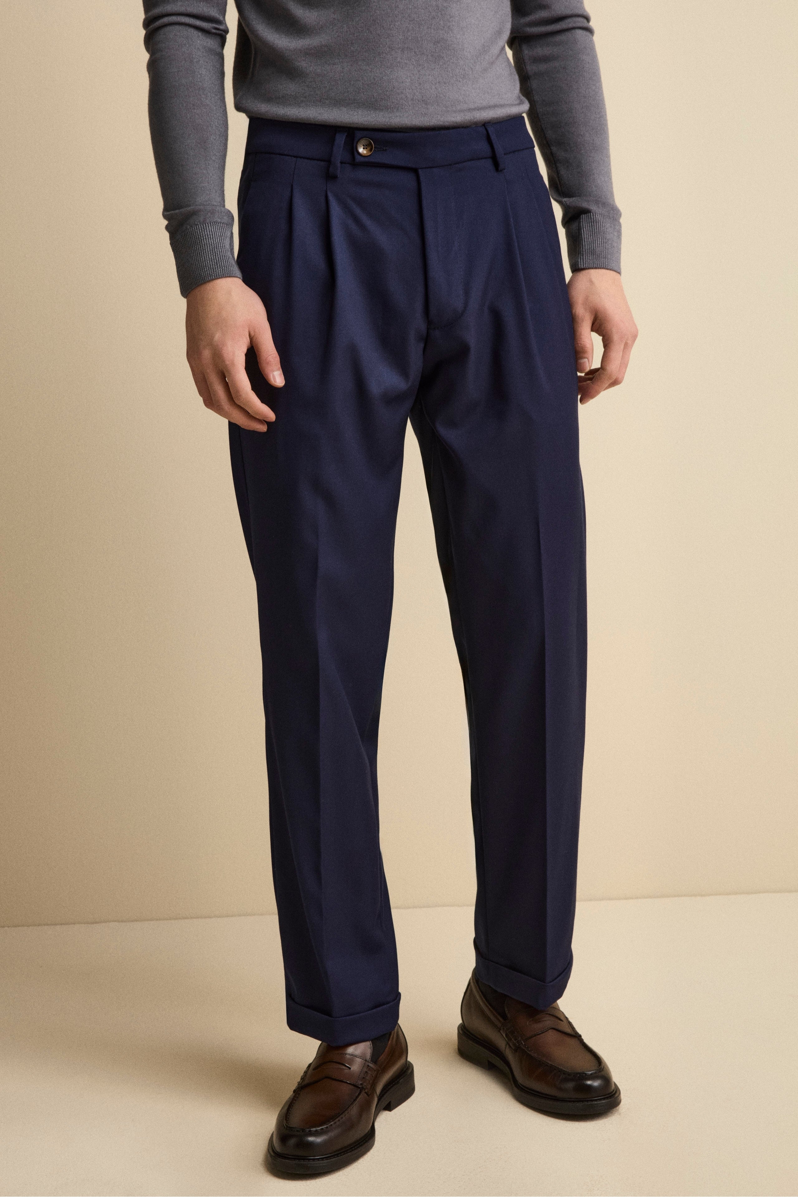 Pantalone Straight in Misto Lana con Pinces e Risvolto - BLU