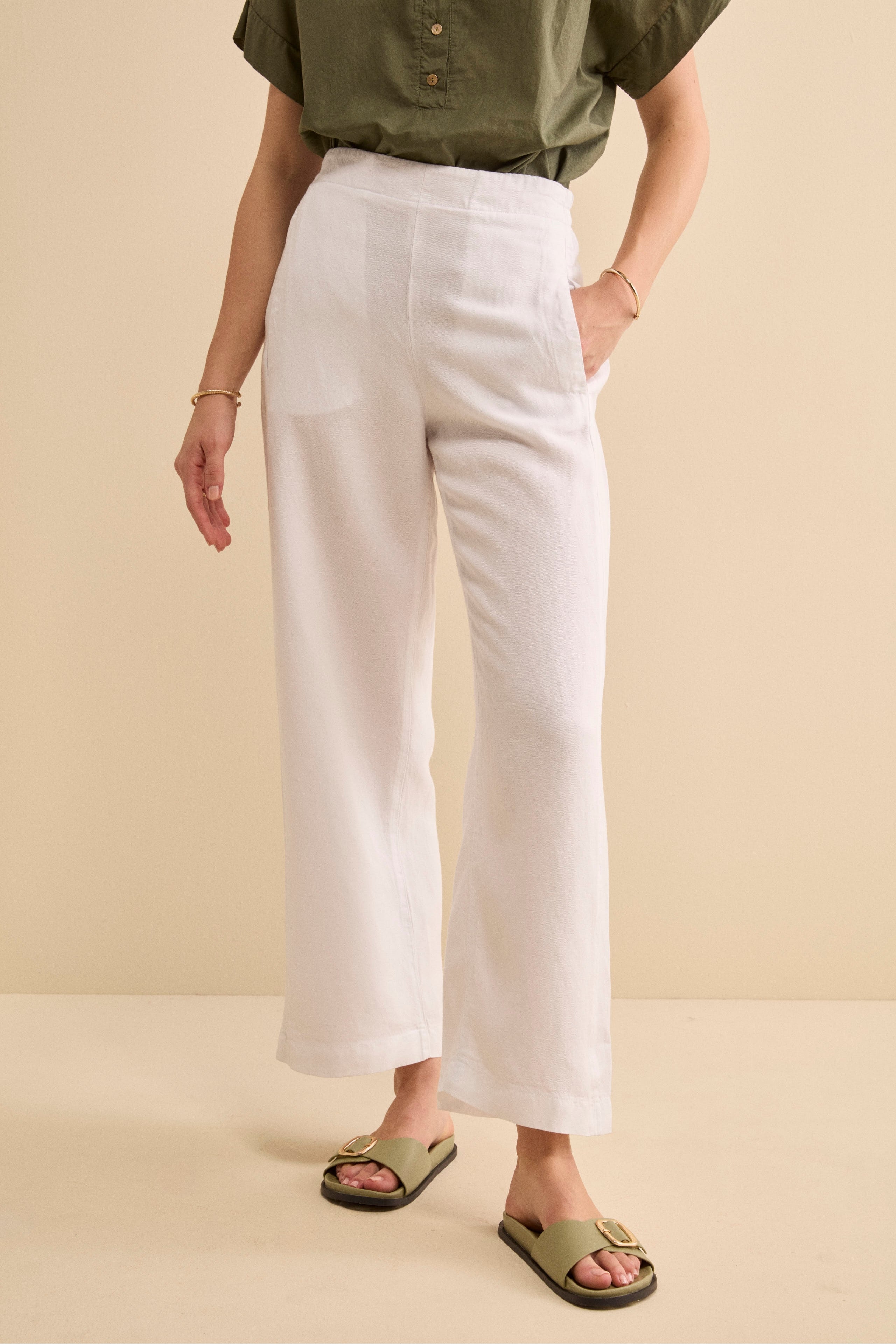 Pantalone Ampio in Misto Lino con Elastico - BIANCO