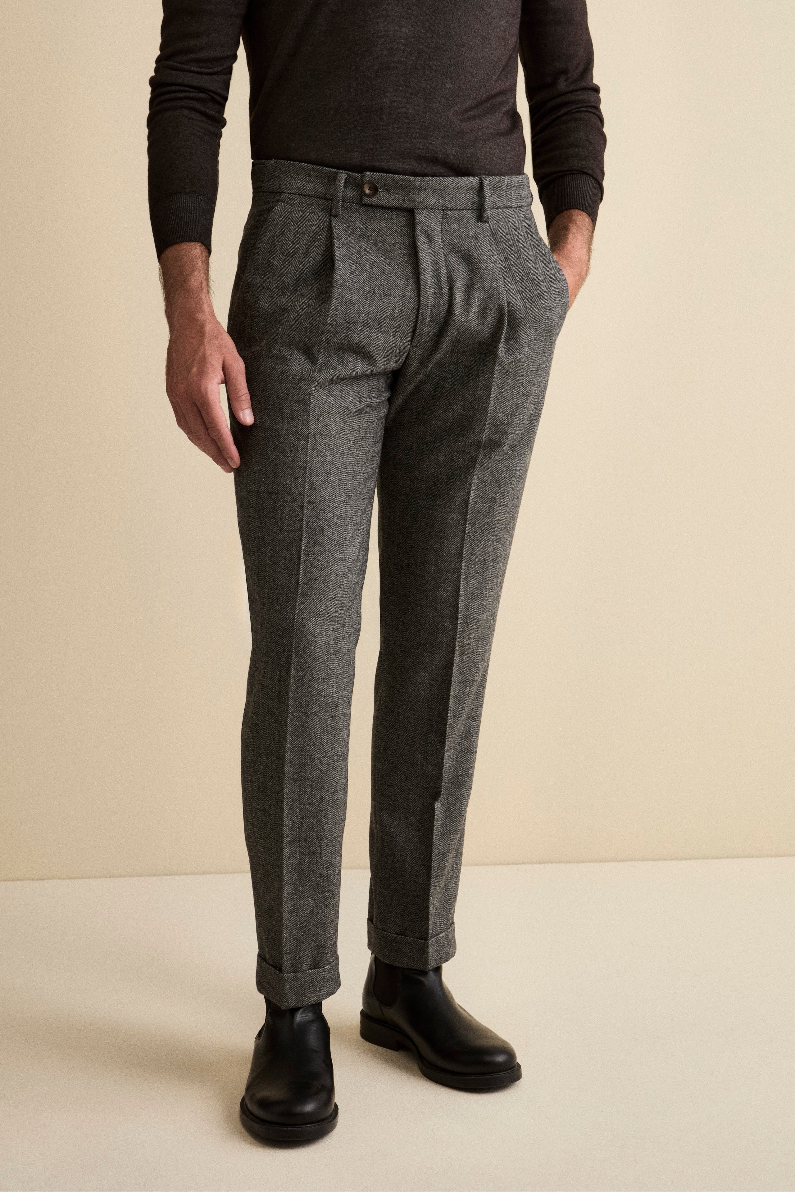 Pantalone Straight Spigato in Misto Lana con Risvolto - GRIGIO MELANGE