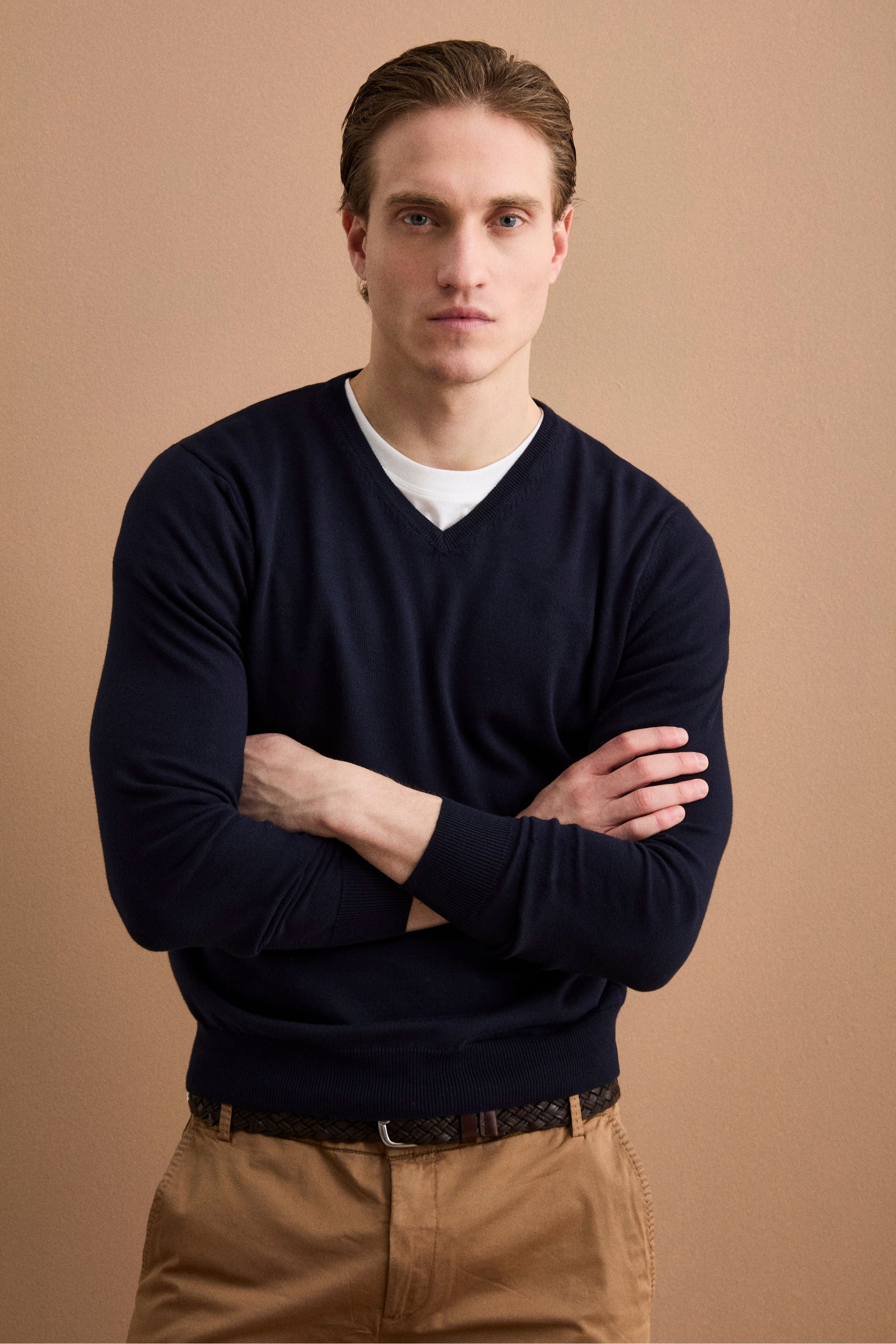 Maglia Scollo a V Regular Fit in Cotone - BLU