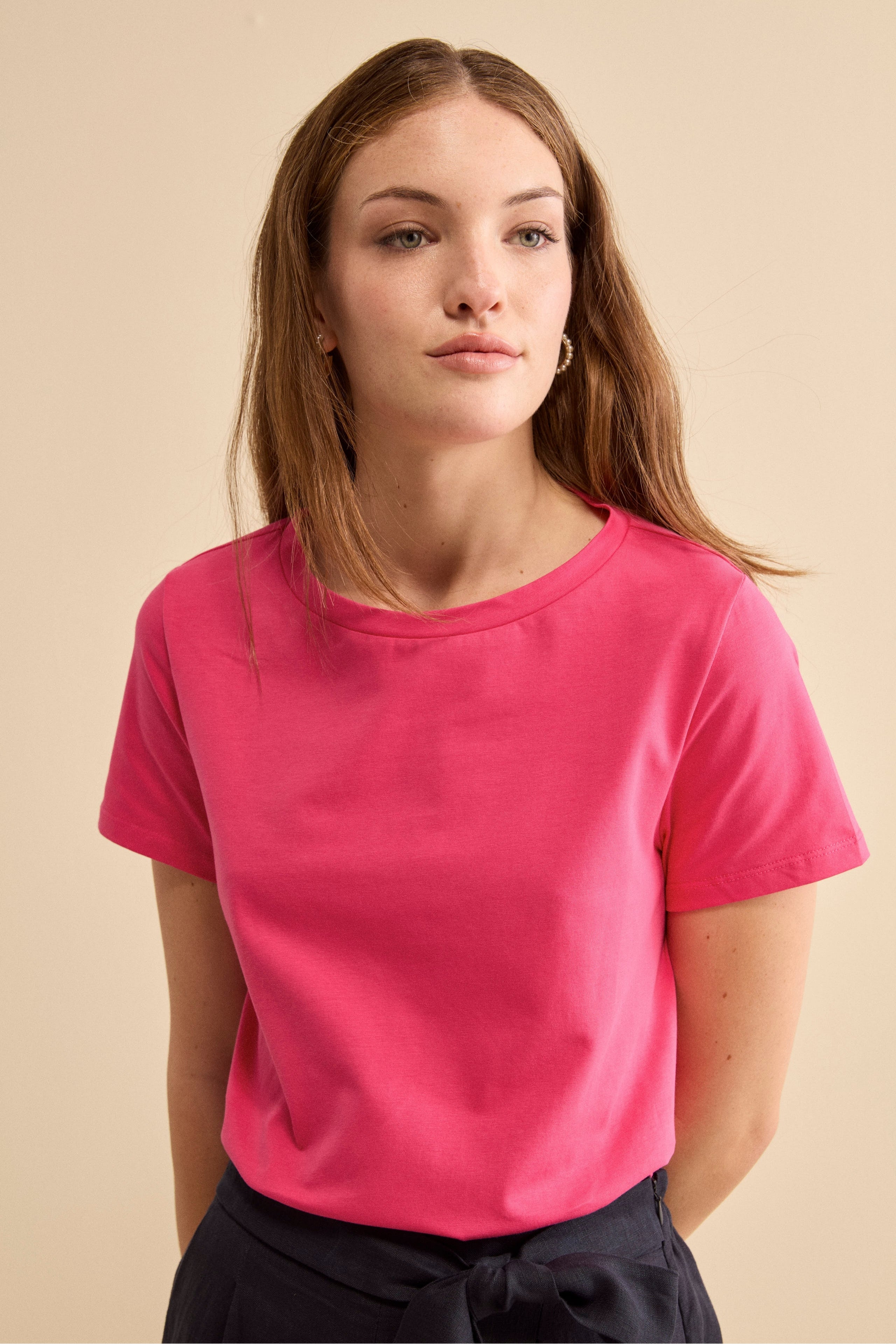 T-Shirt Girocollo in Cotone Elasticizzato - FUXIA