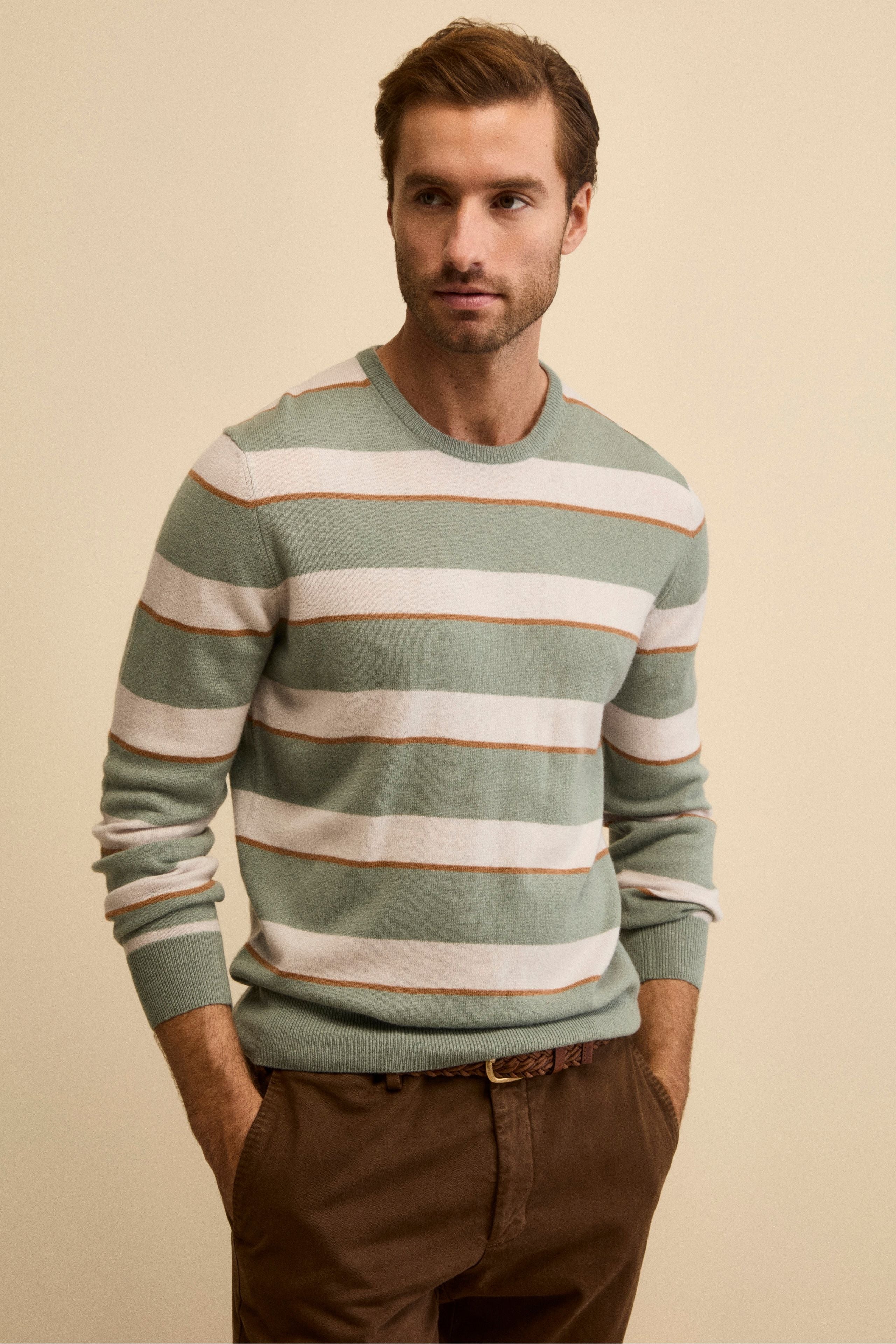 Maglia Girocollo a Righe in Misto Lana e Cashmere - RIGATO VERDE/BEIGE