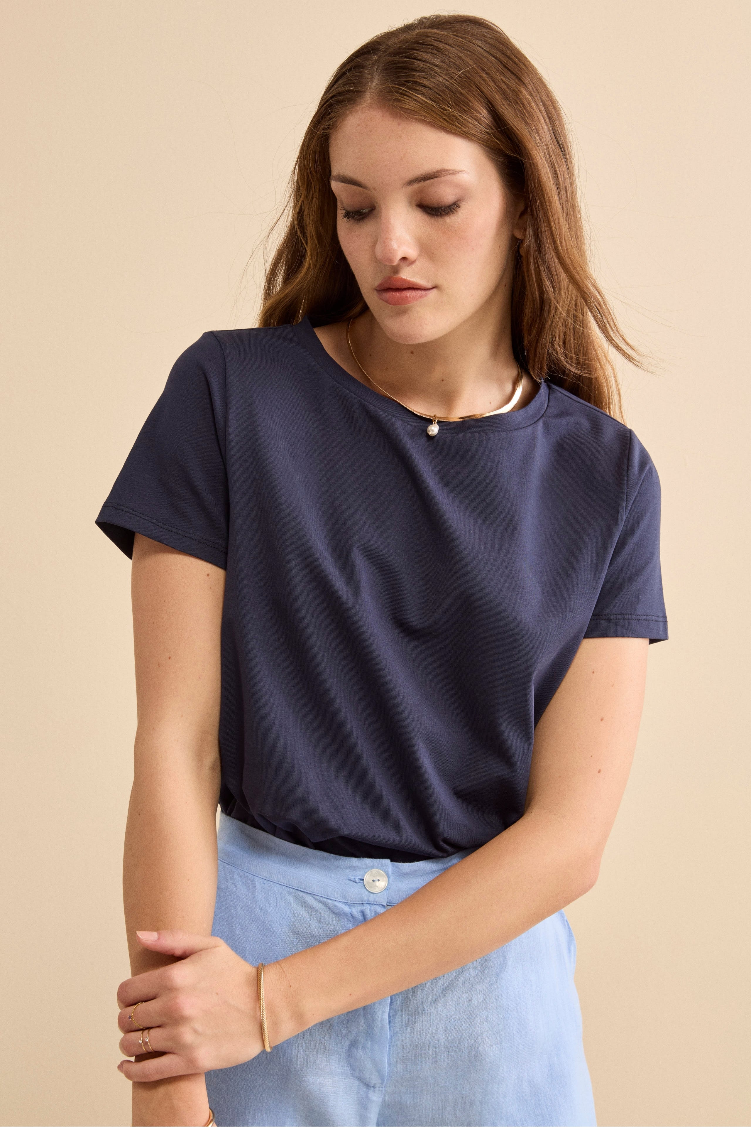 T-Shirt Girocollo in Cotone Elasticizzato - BLU