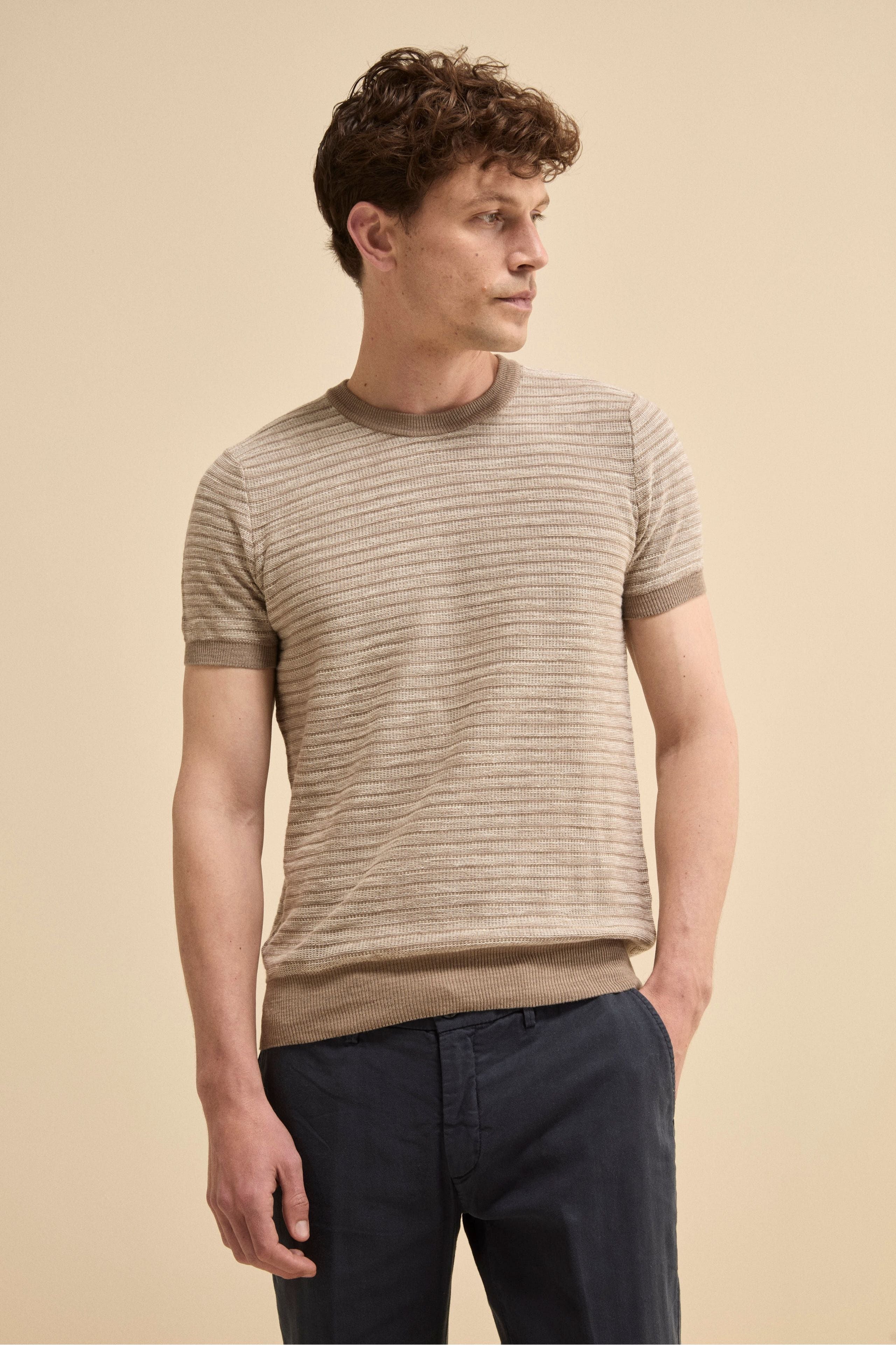 T-Shirt Jacquard in Misto Lino - NOCCIOLA