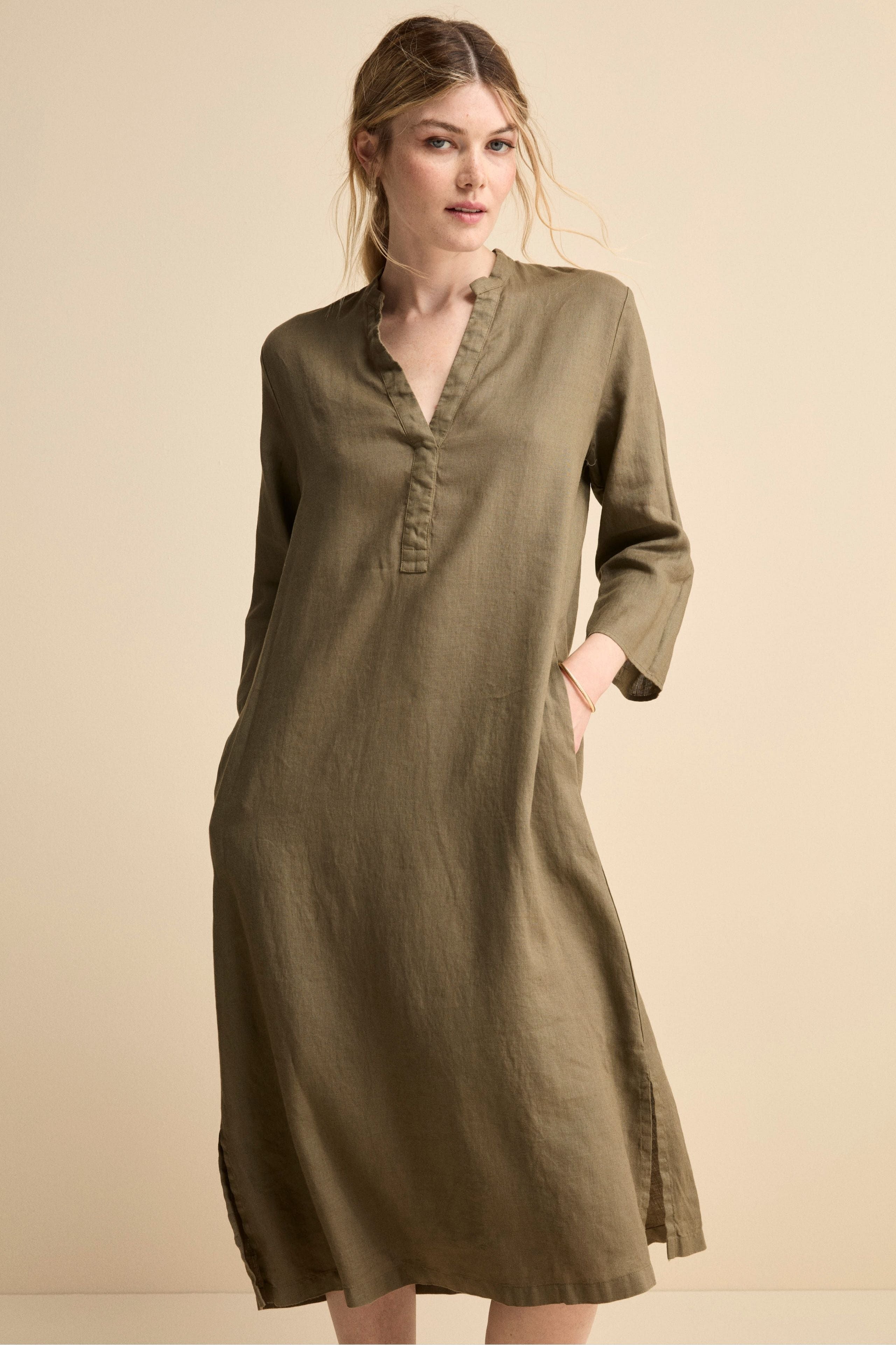 Caftano Lungo in Puro Lino - VERDE MILITARE