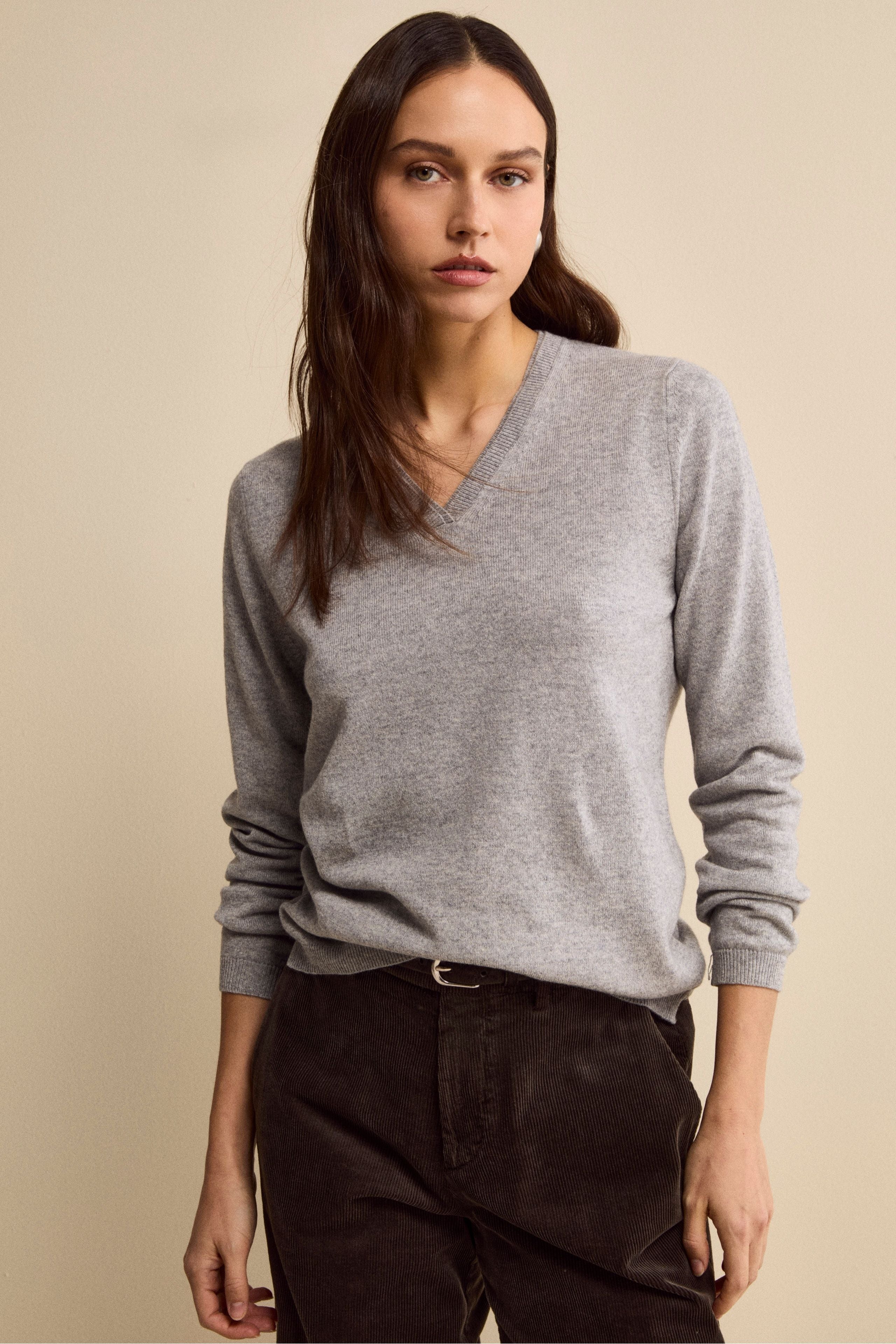 Pullover scollo a V in seta e cashmere - GRIGIO CHIARO