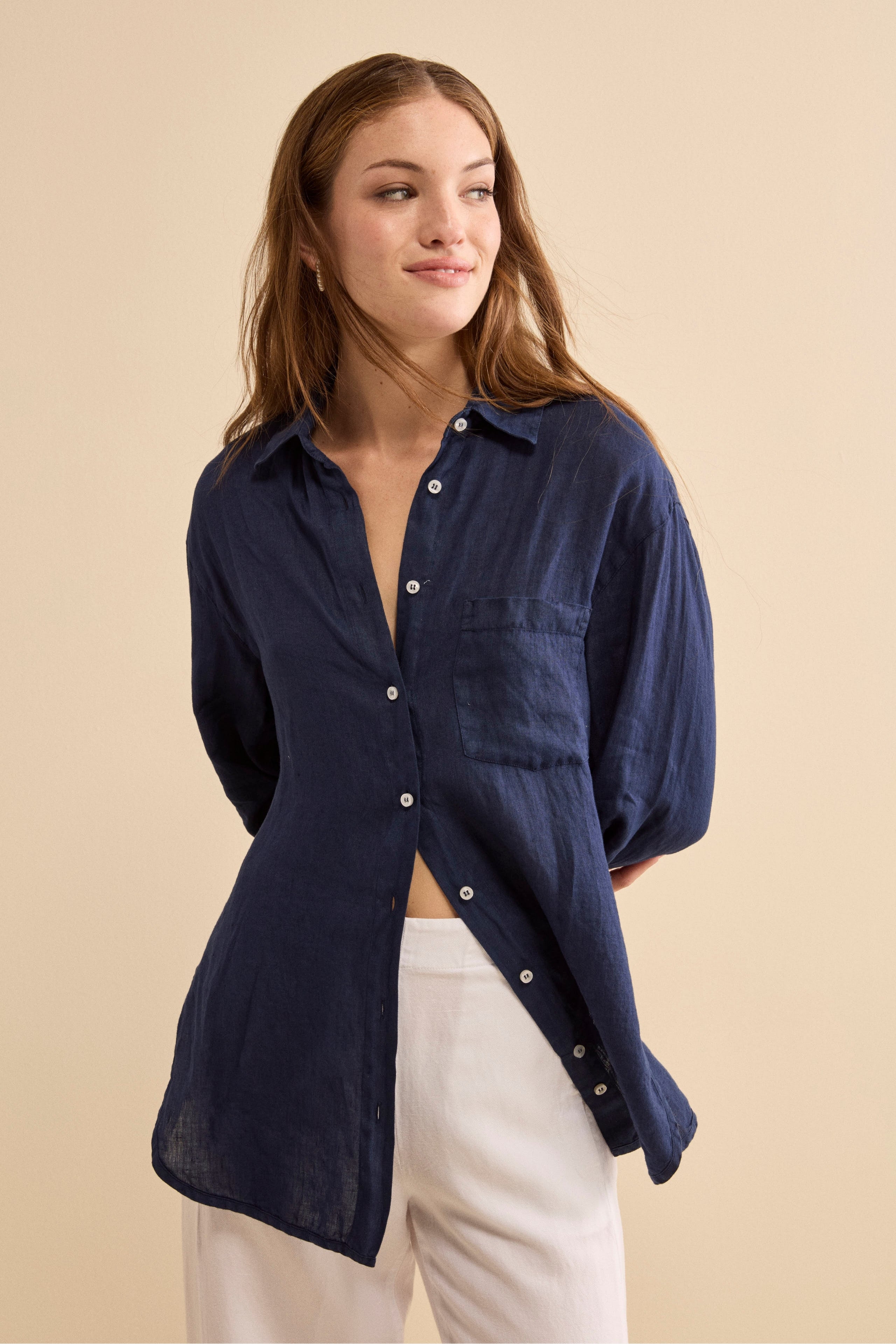 Camicia Over in Lino con Taschino - NAVY