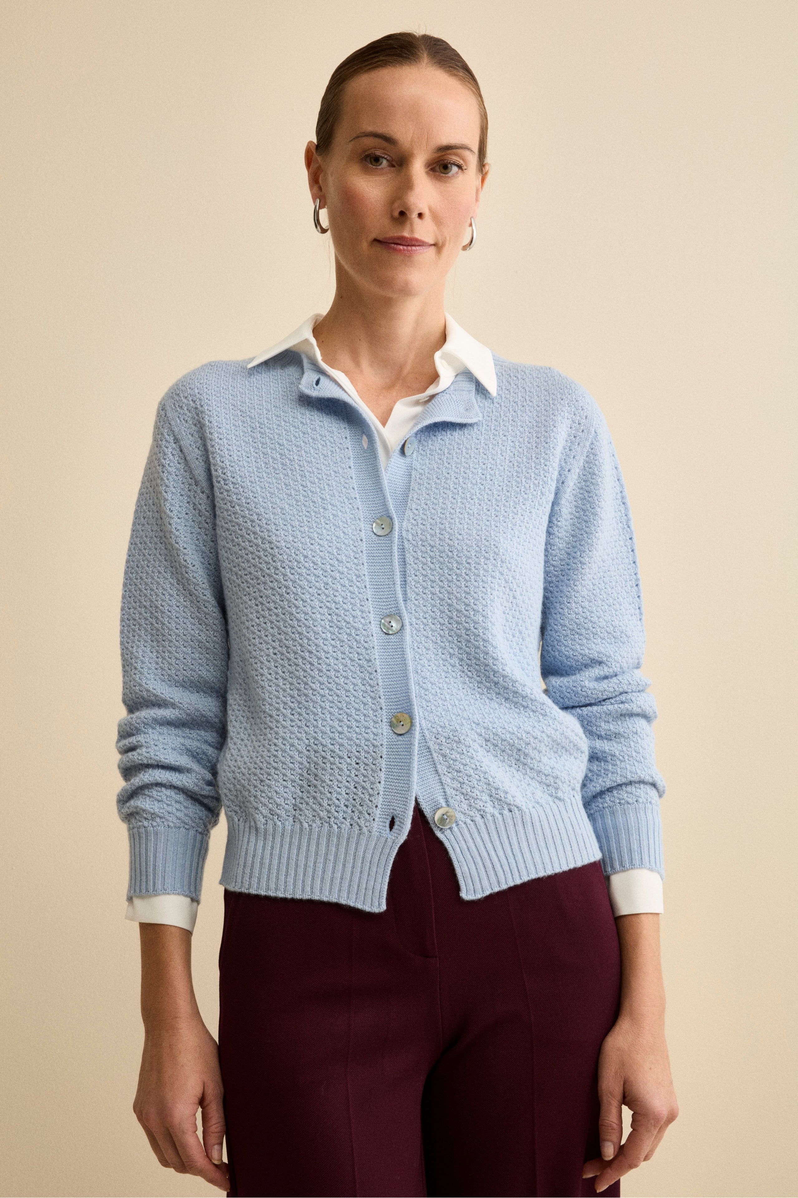 Cardigan in Lana Merino Traforato con Collo Coreana - AZZURRO