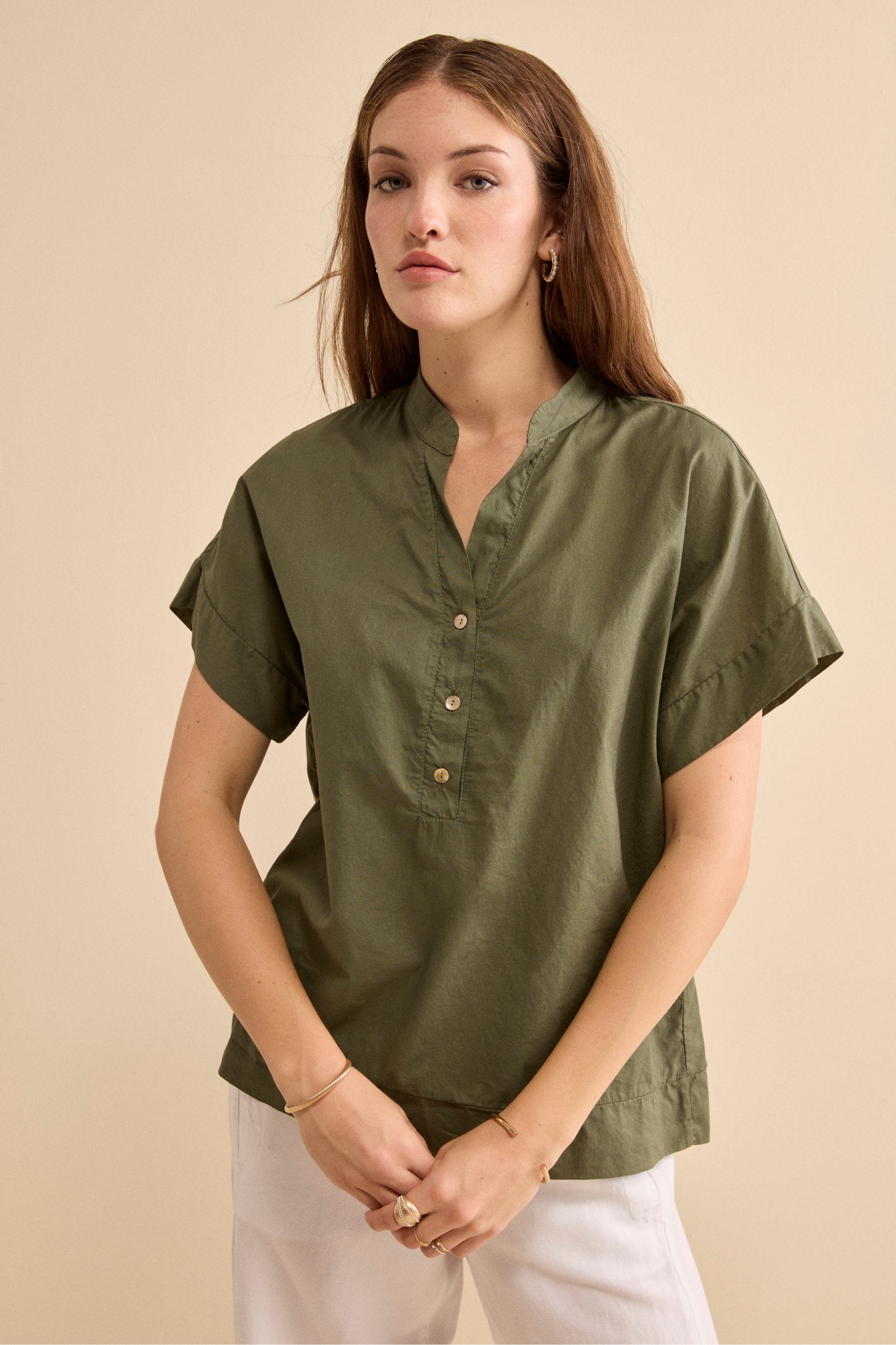 Blusa Boxy in Cotone con Bottoni - VERDE MILITARE