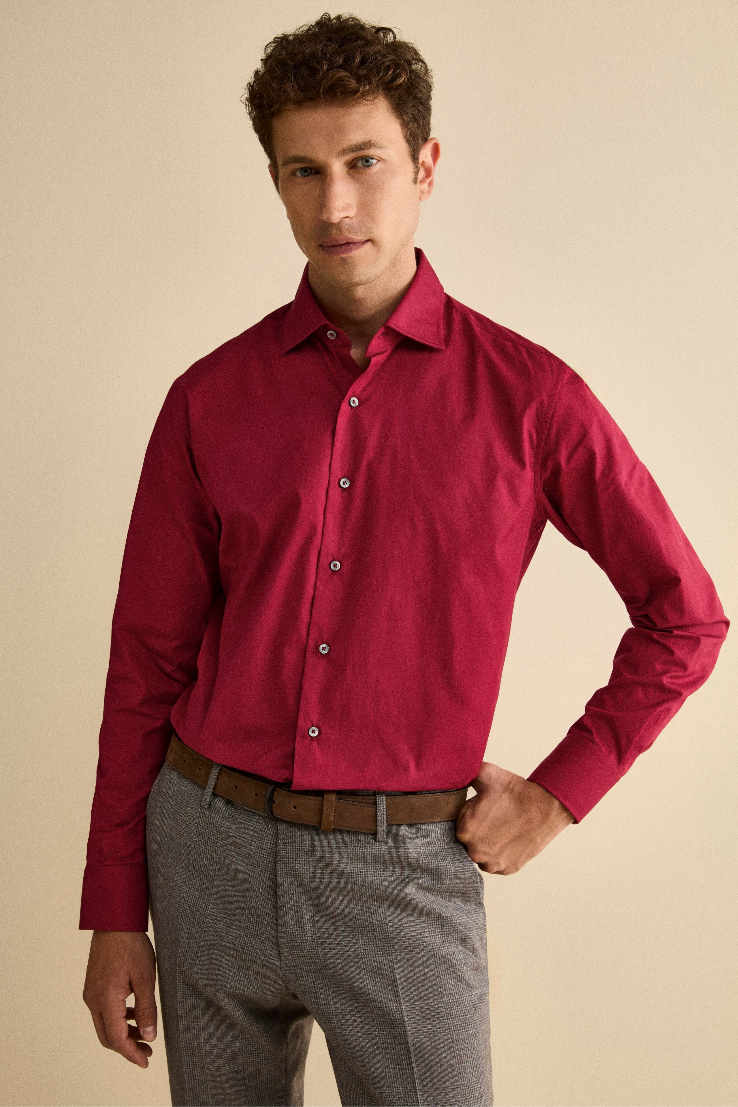Camicia Tinta Unita Custom Fit in Cotone - BORDEAUX