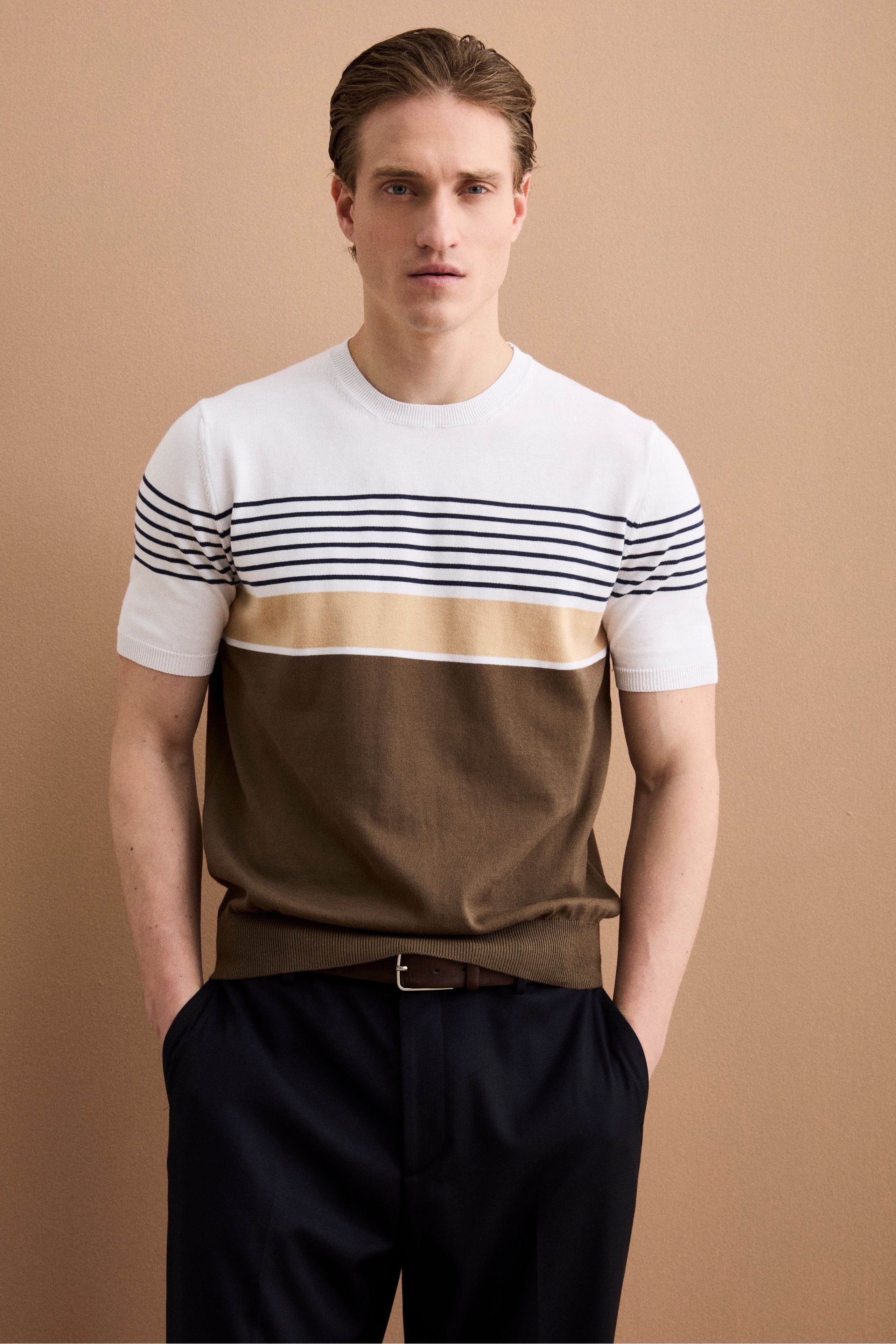 T-Shirt a Righe in Maglia di Cotone - BIANCO RIGATO