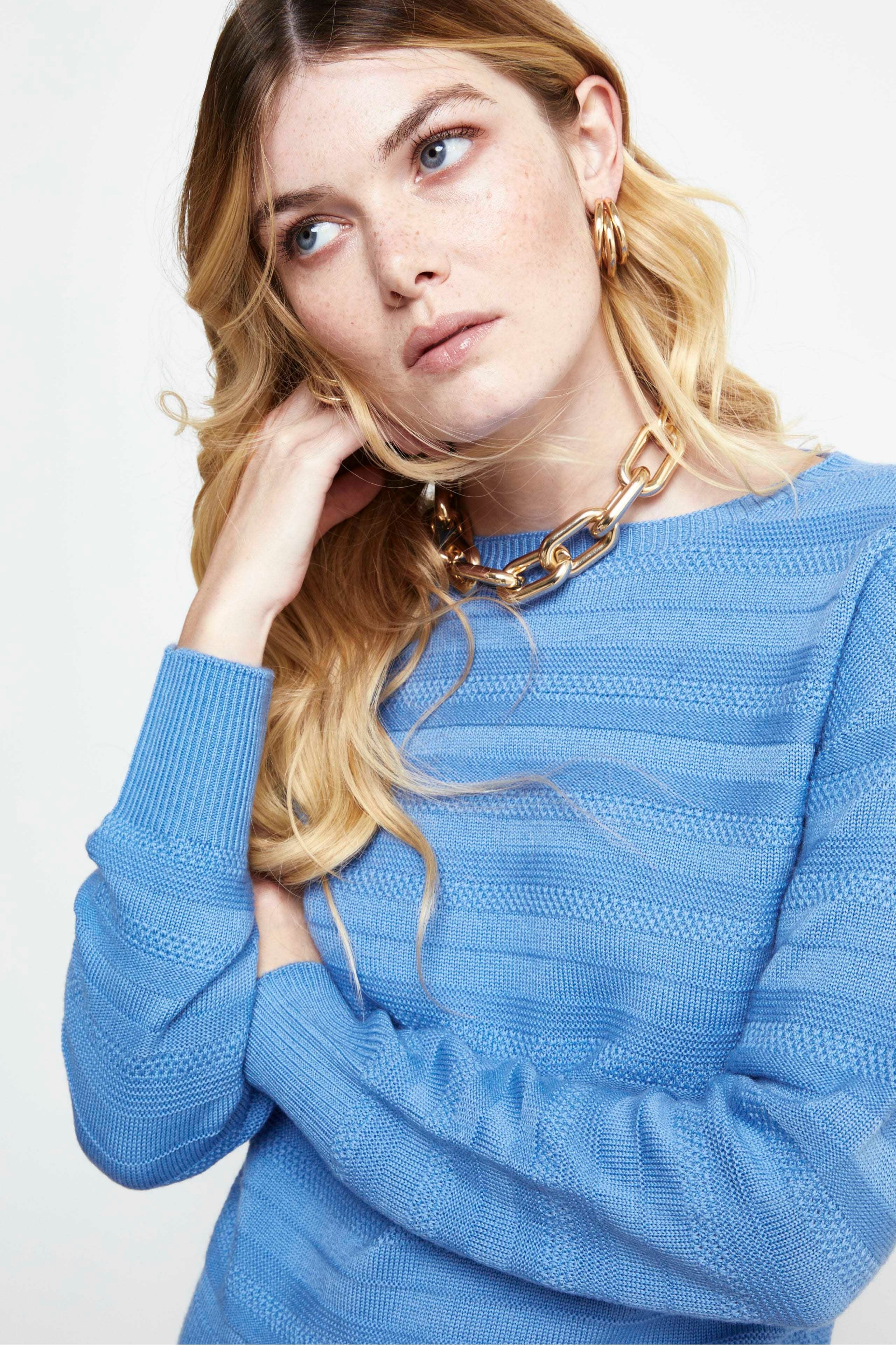 Pullover Girocollo lavorato in lana - CELESTE