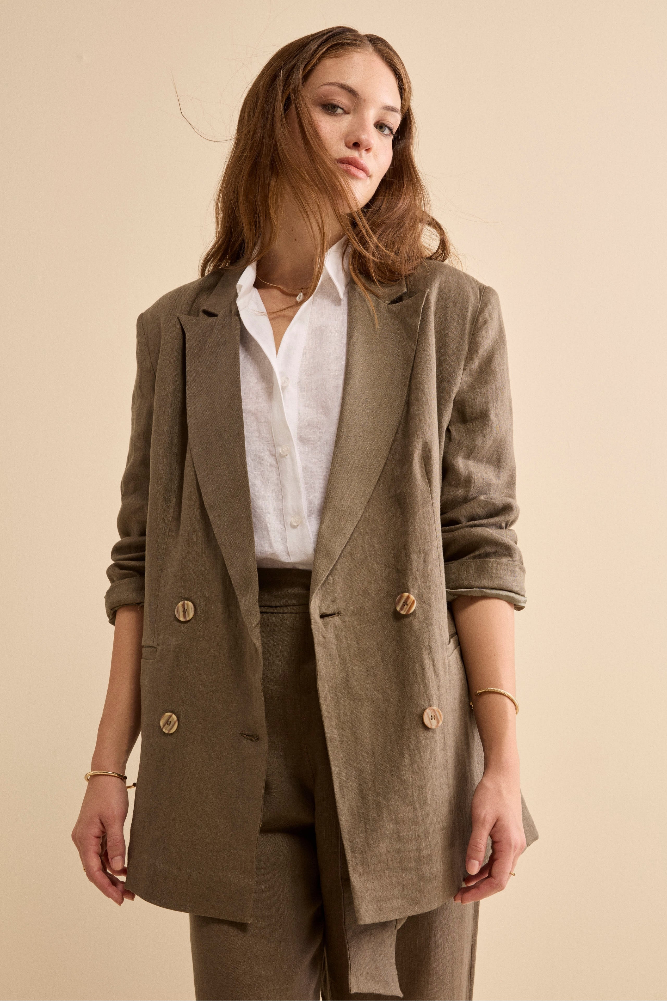 Blazer Over Doppiopetto in Lino - FANGO