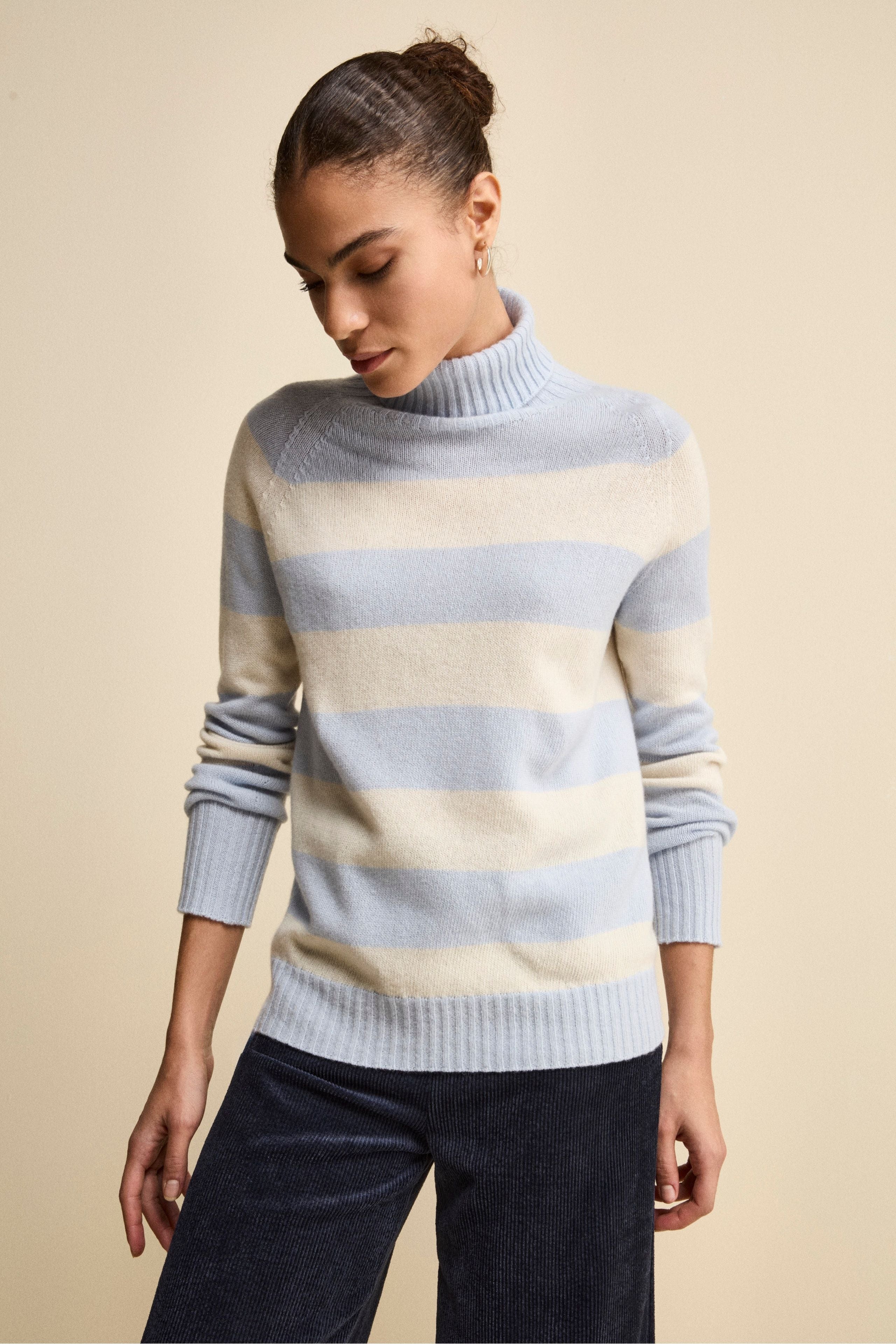 Dolcevita a Righe in Lana e Cashmere con Manica Raglan - AZZURRO/ECRU