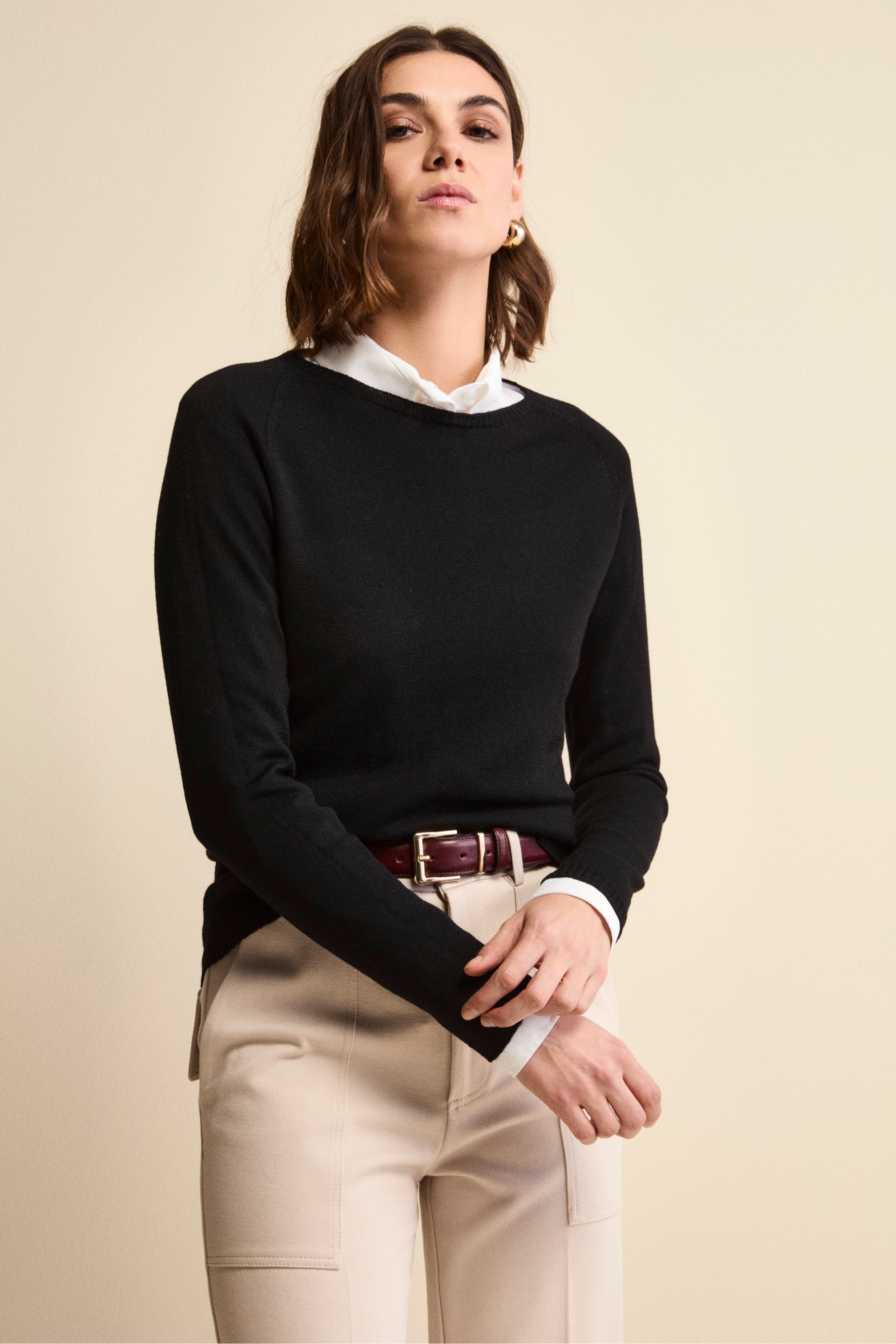 Girocollo in Lana Merino con Bordi a Coste - NERO