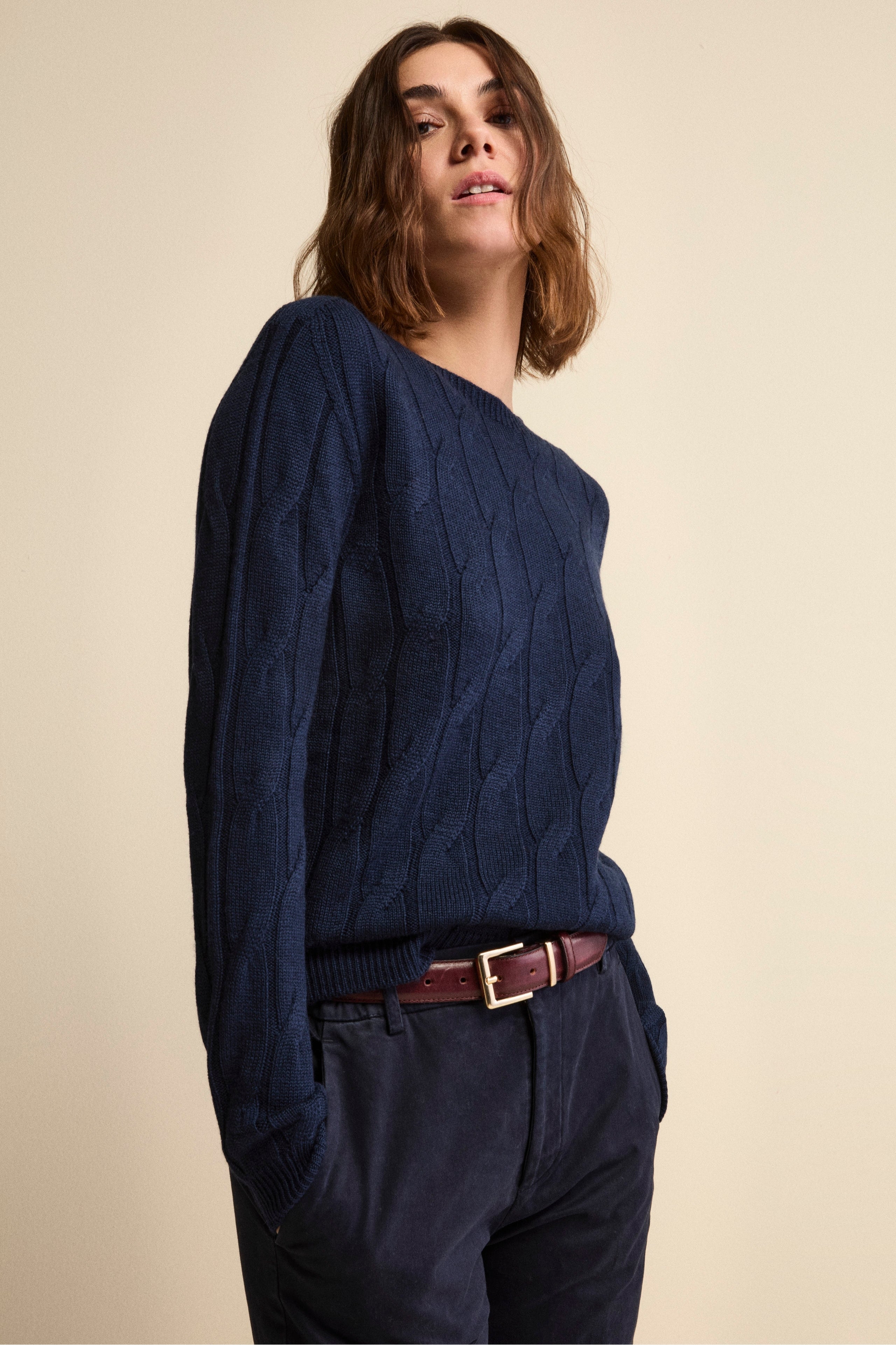 Maglia Girocollo a Trecce in Lana Merino - NAVY