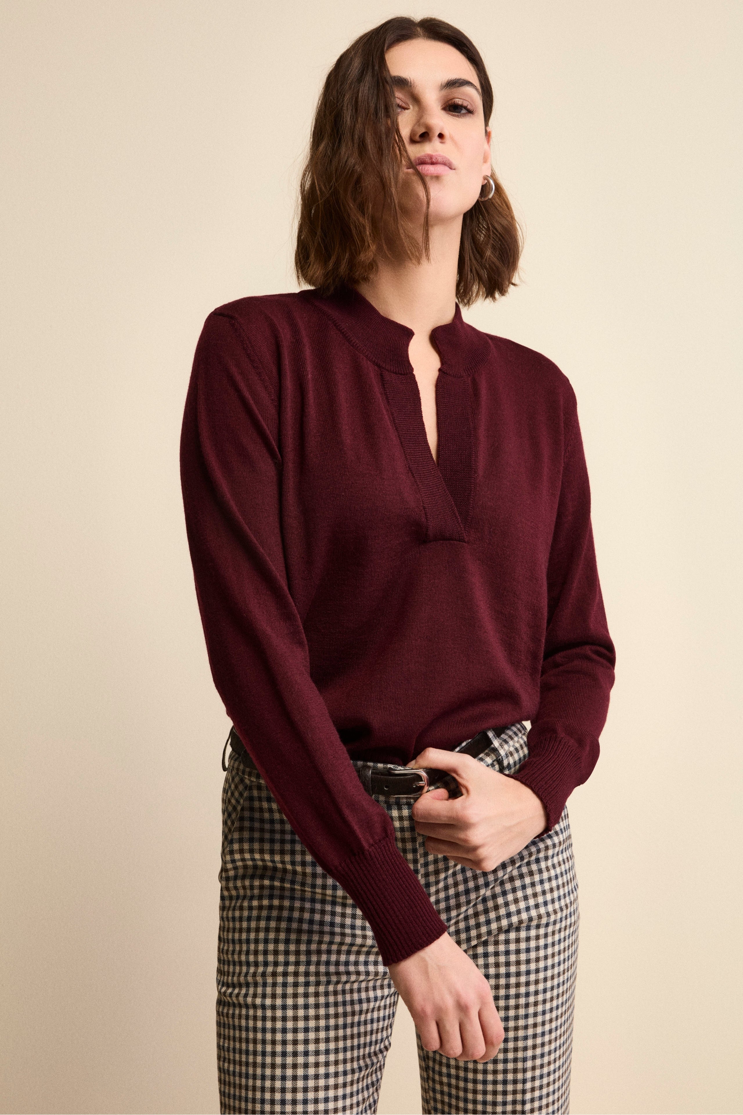 Maglia Serafino in Lana Merino - BORDEAUX