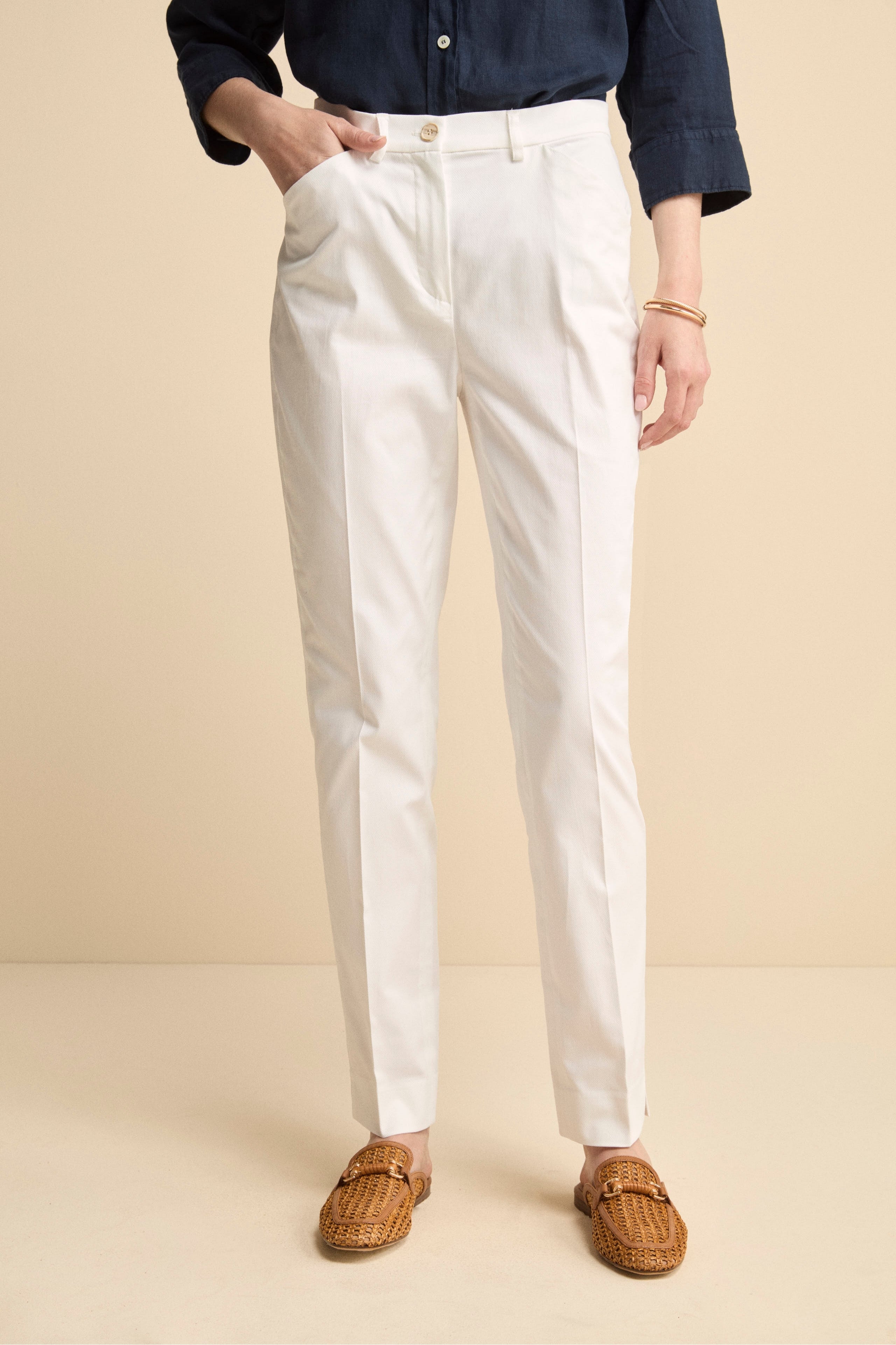 Pantalone Piquet a Sigaretta in Cotone - BIANCO