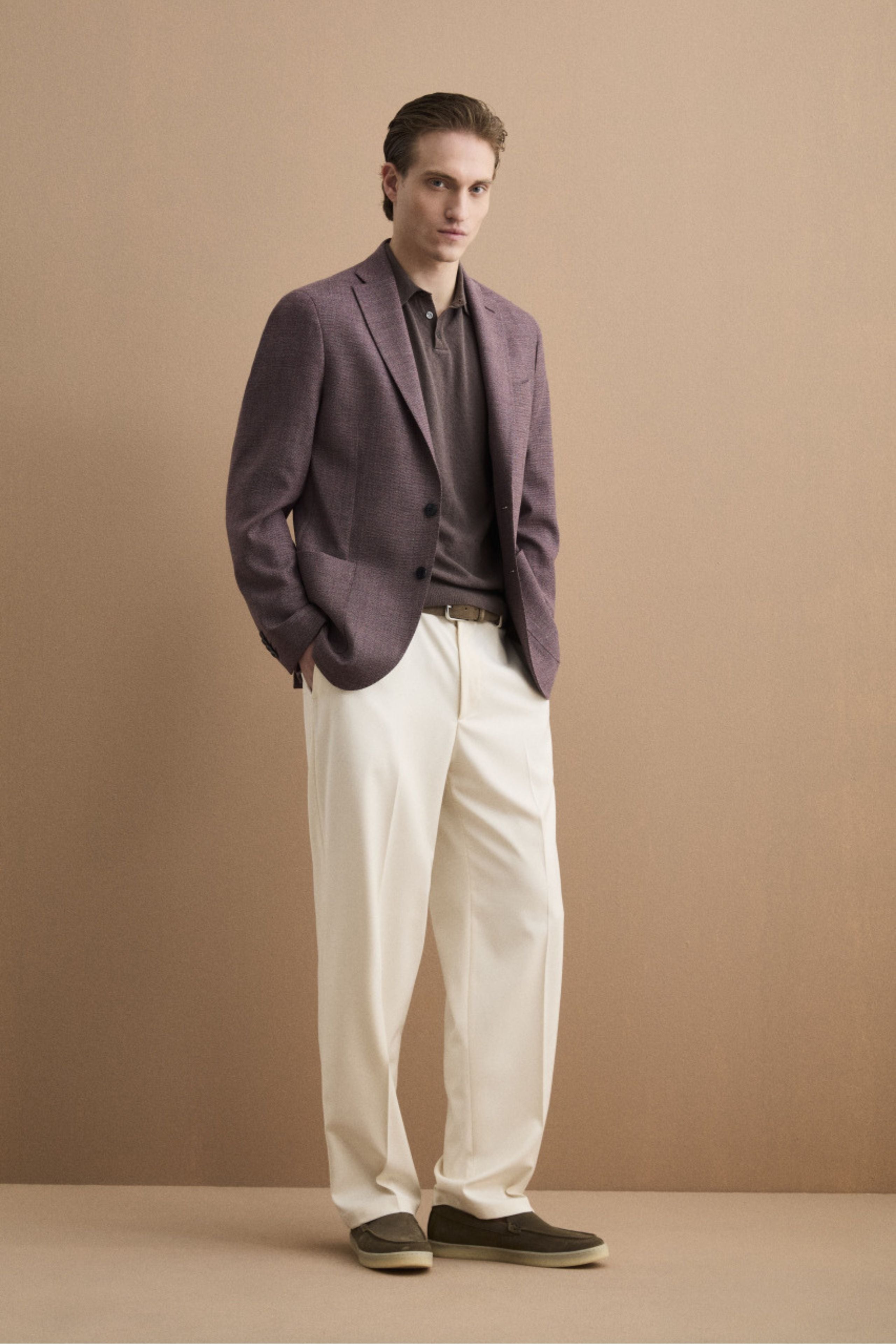 Pantalone Gamba Larga in Misto Lana con Piega - LATTE