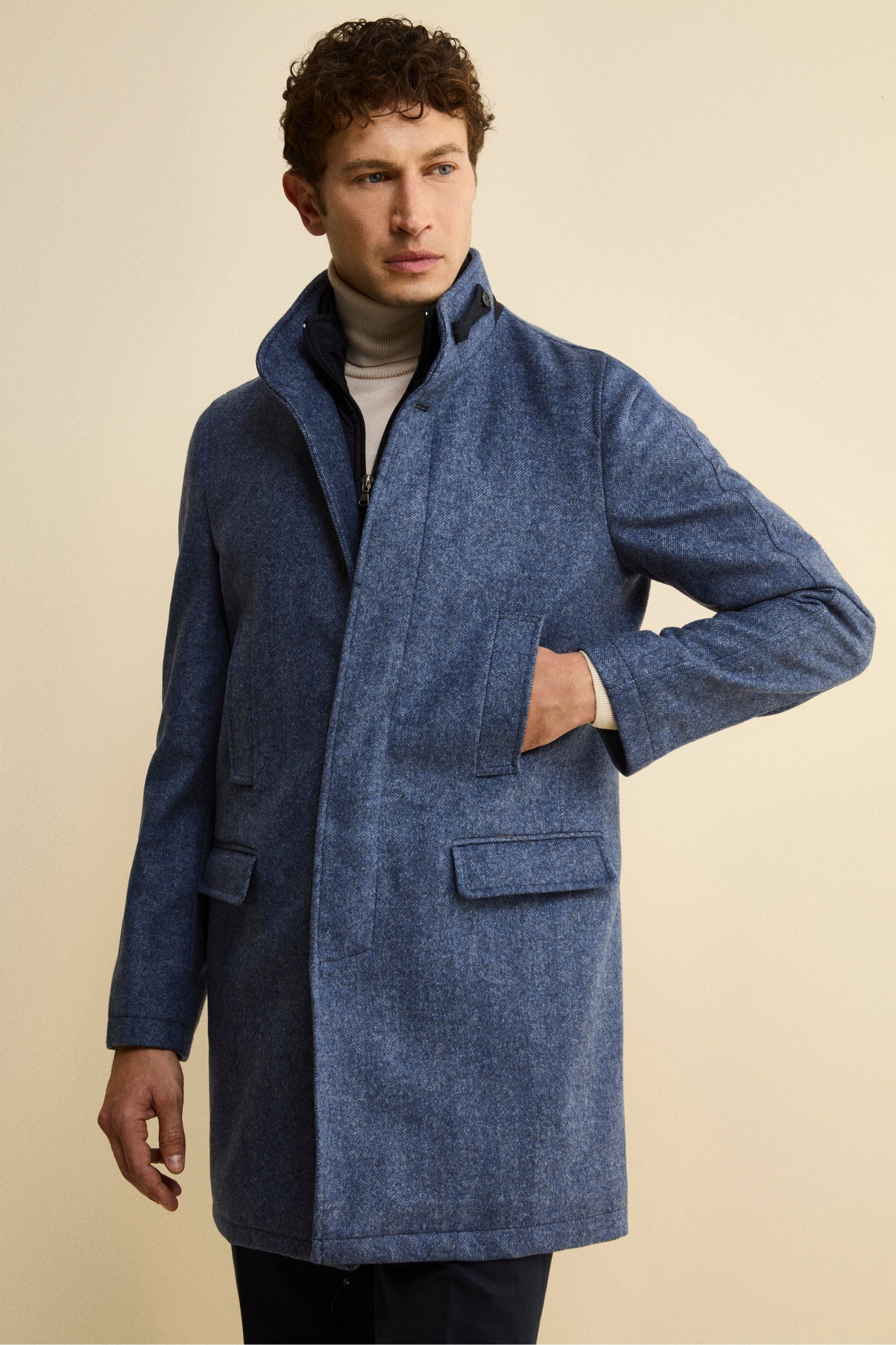 Cappotto Midi Spigato in Misto Lana e Cashmere - AZZURRO MELANGE