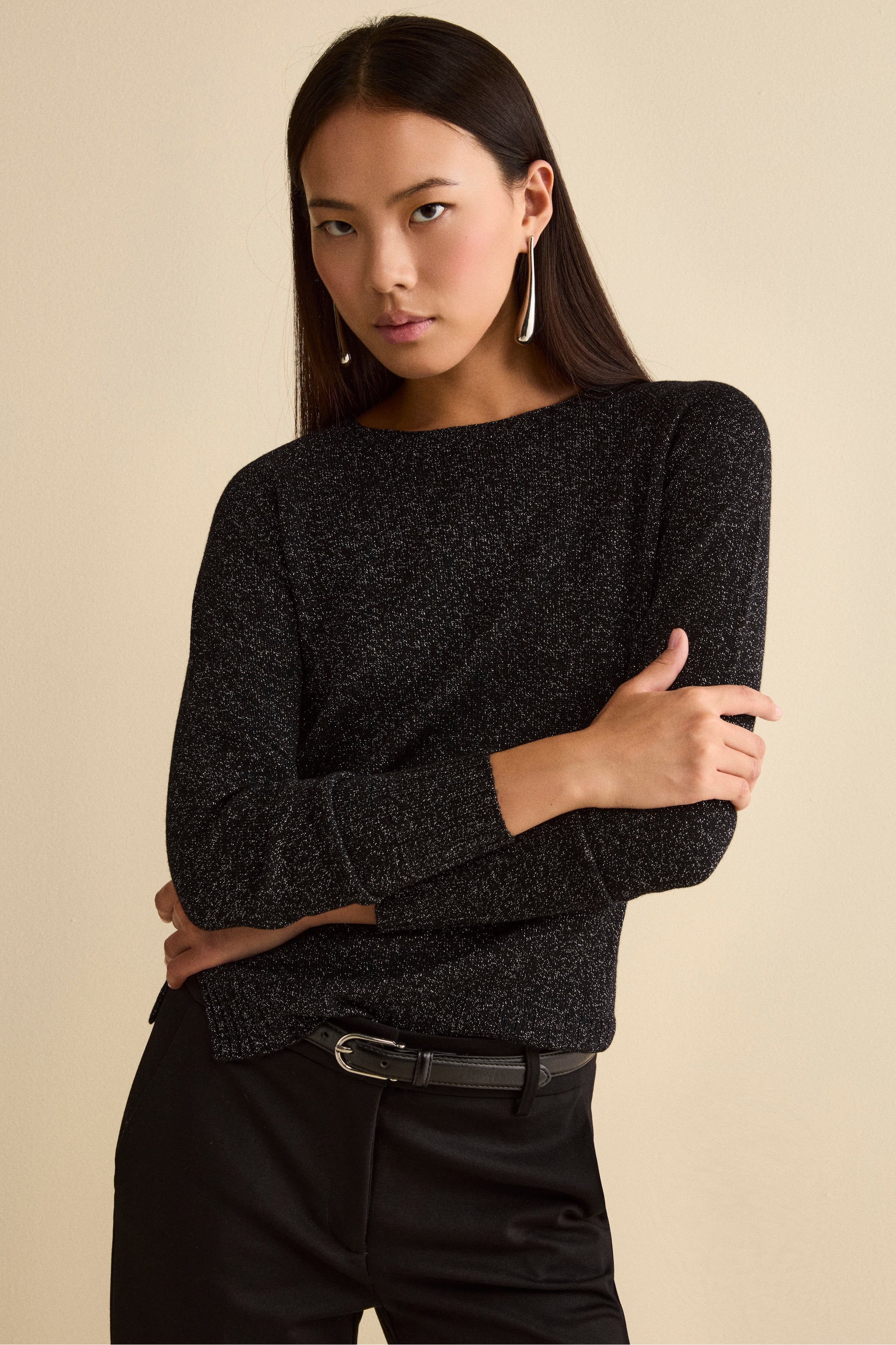 Maglia Lurex Girocollo in Lana Merino - NERO