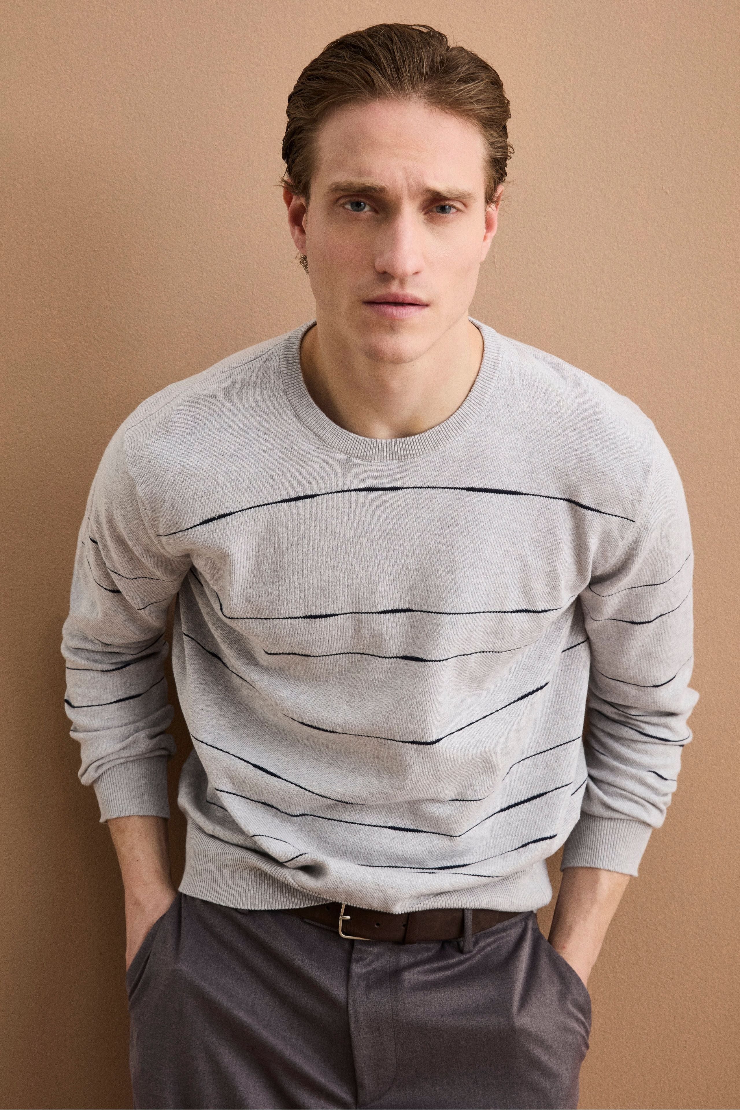 Maglia Girocollo a Righe Regular Fit in Cotone - GRIGIO/BLU