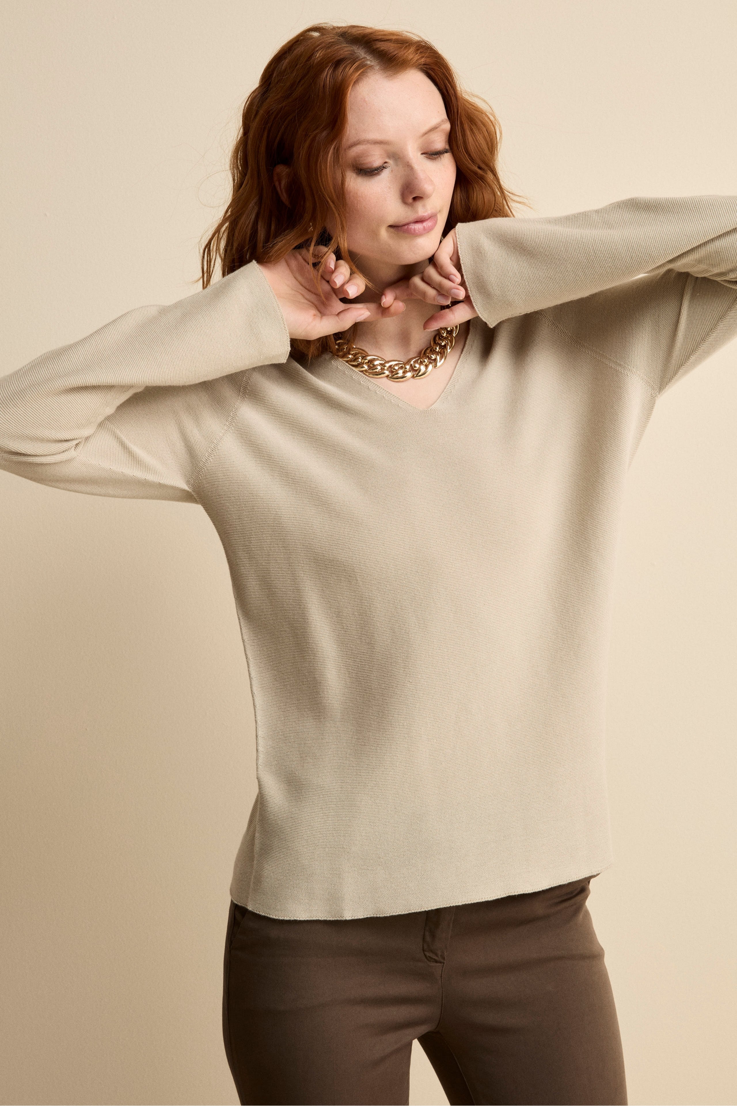 Pullover Links con Scollo a V in Cotone - BEIGE