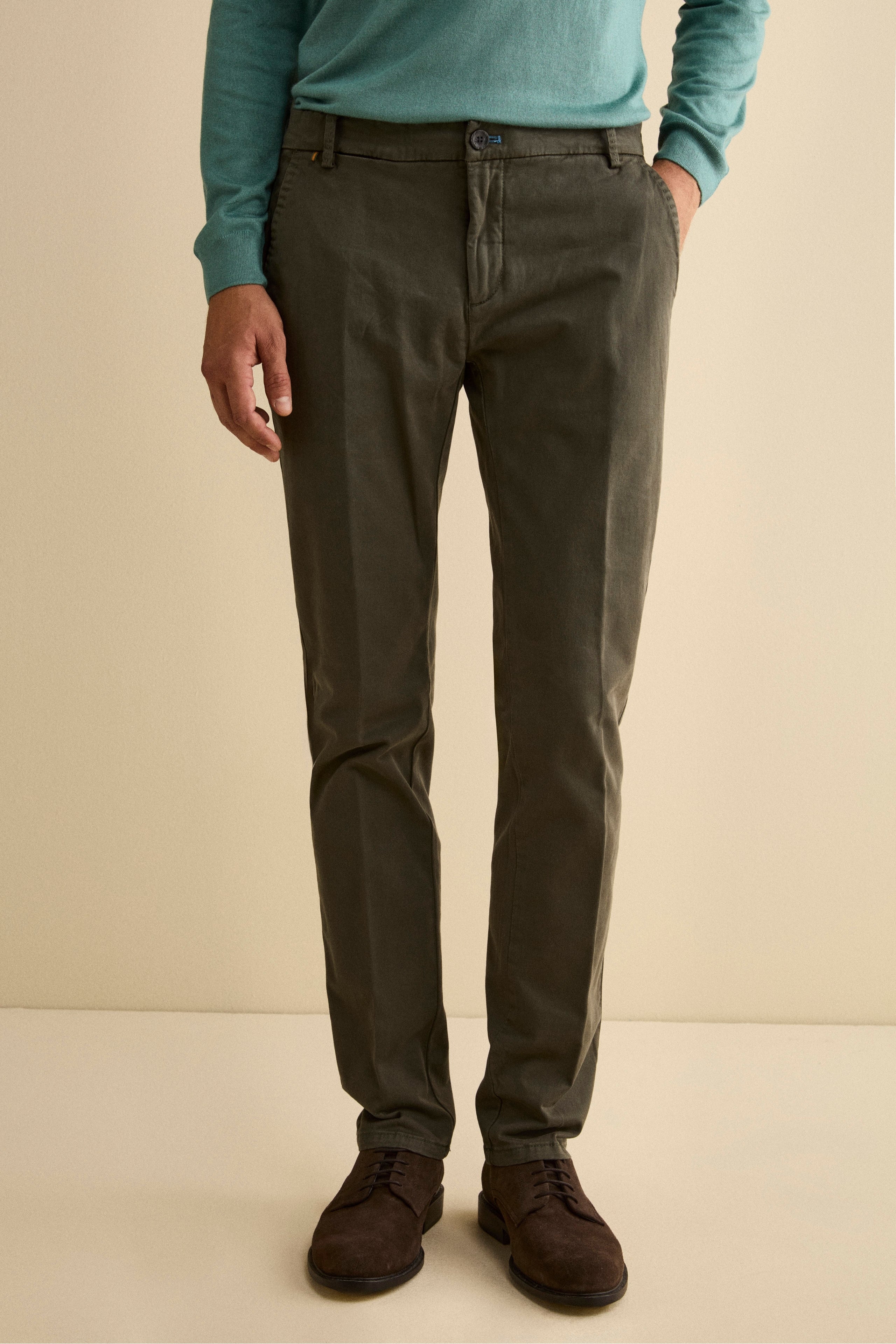 Pantalone Slim Fit con Pieghe in Gabardina - VERDE