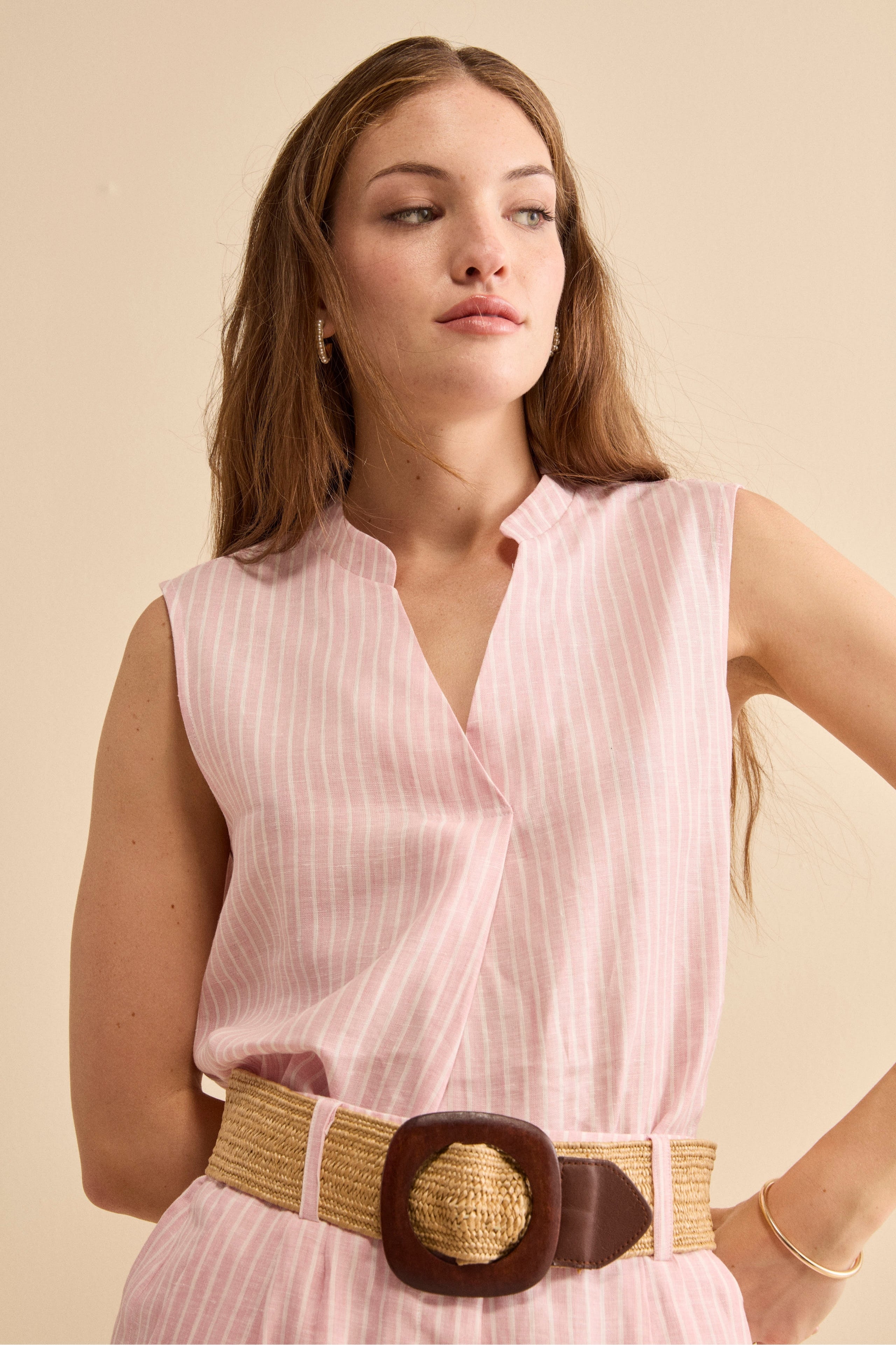 Top Smanicato in Lino a Righe - ROSA RIGATO