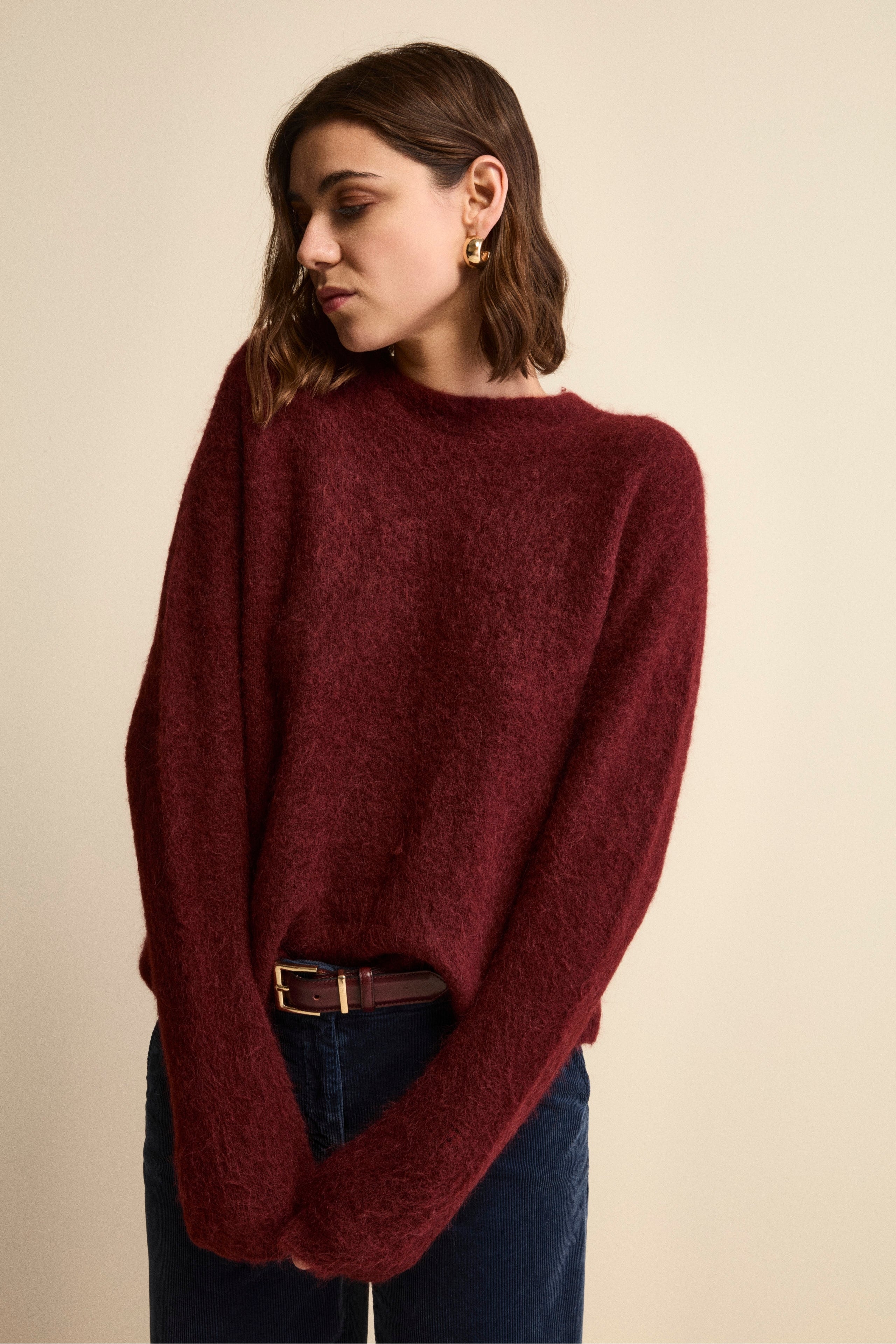Maglia Girocollo Boxy in Misto Alpaca - BORDEAUX