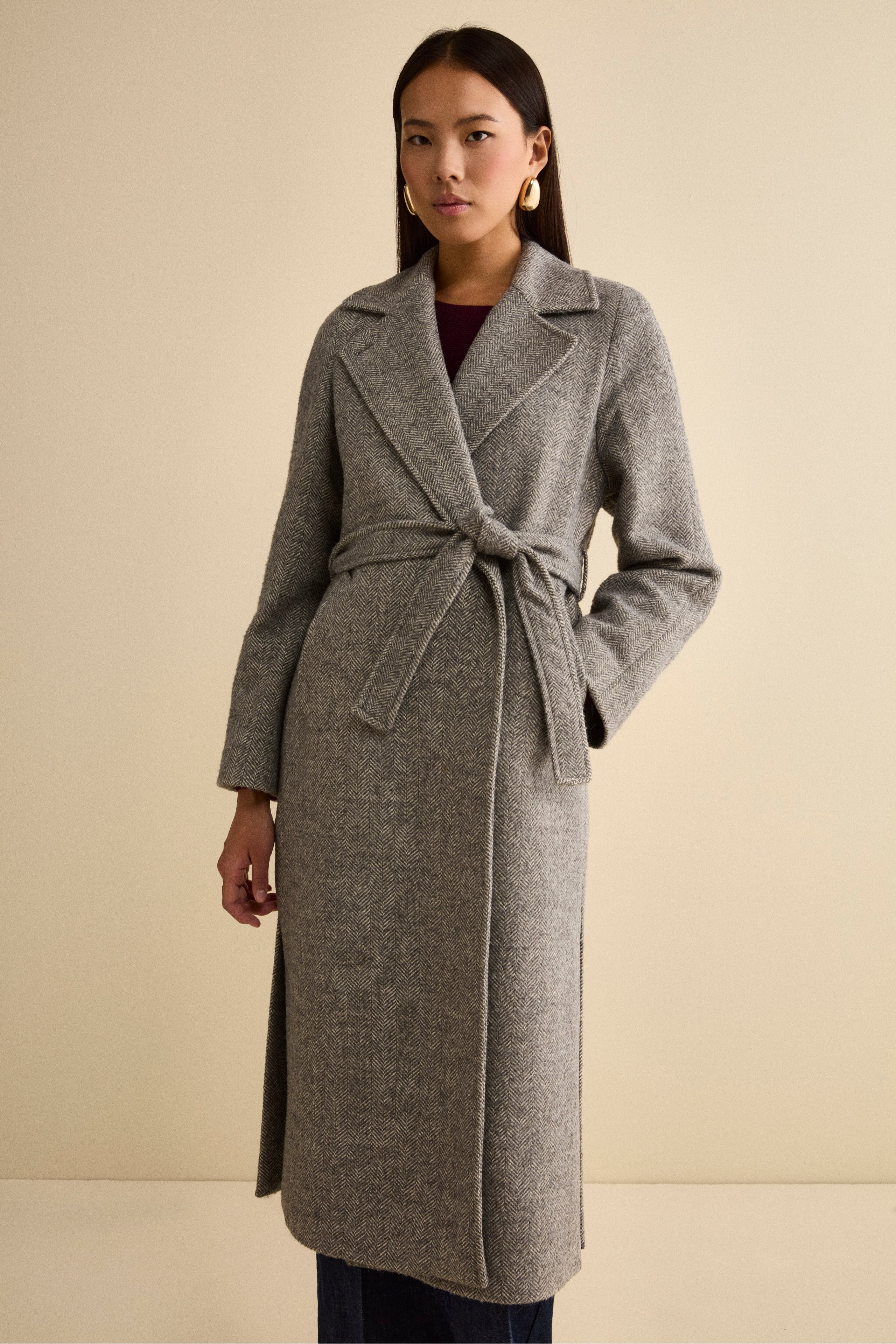 Cappotto Vestaglia con Cintura in Misto Lana - GRIGIO SPIGATO