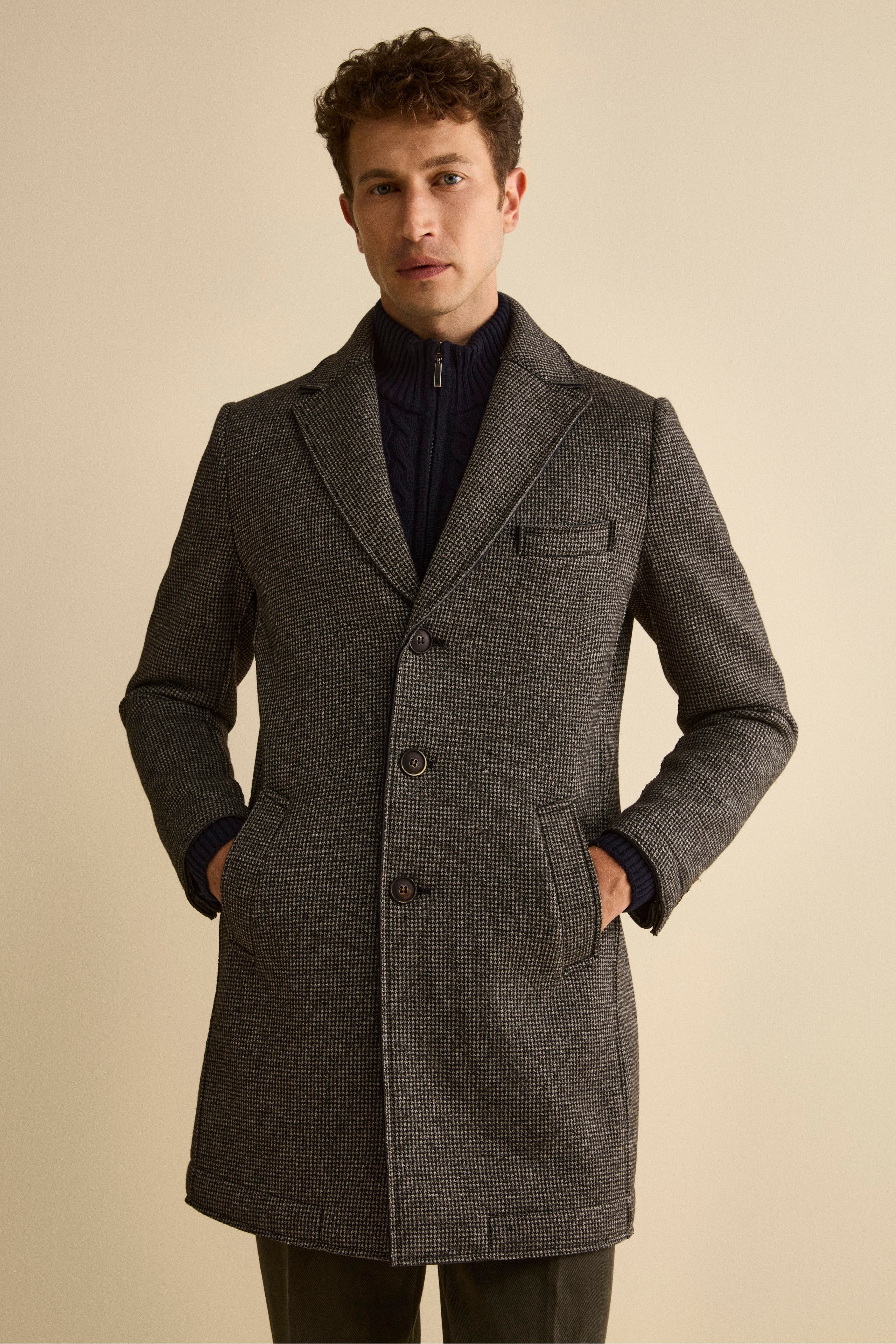 Cappotto Fantasia Midi a Taglio Vivo - GRIGIO/NERO