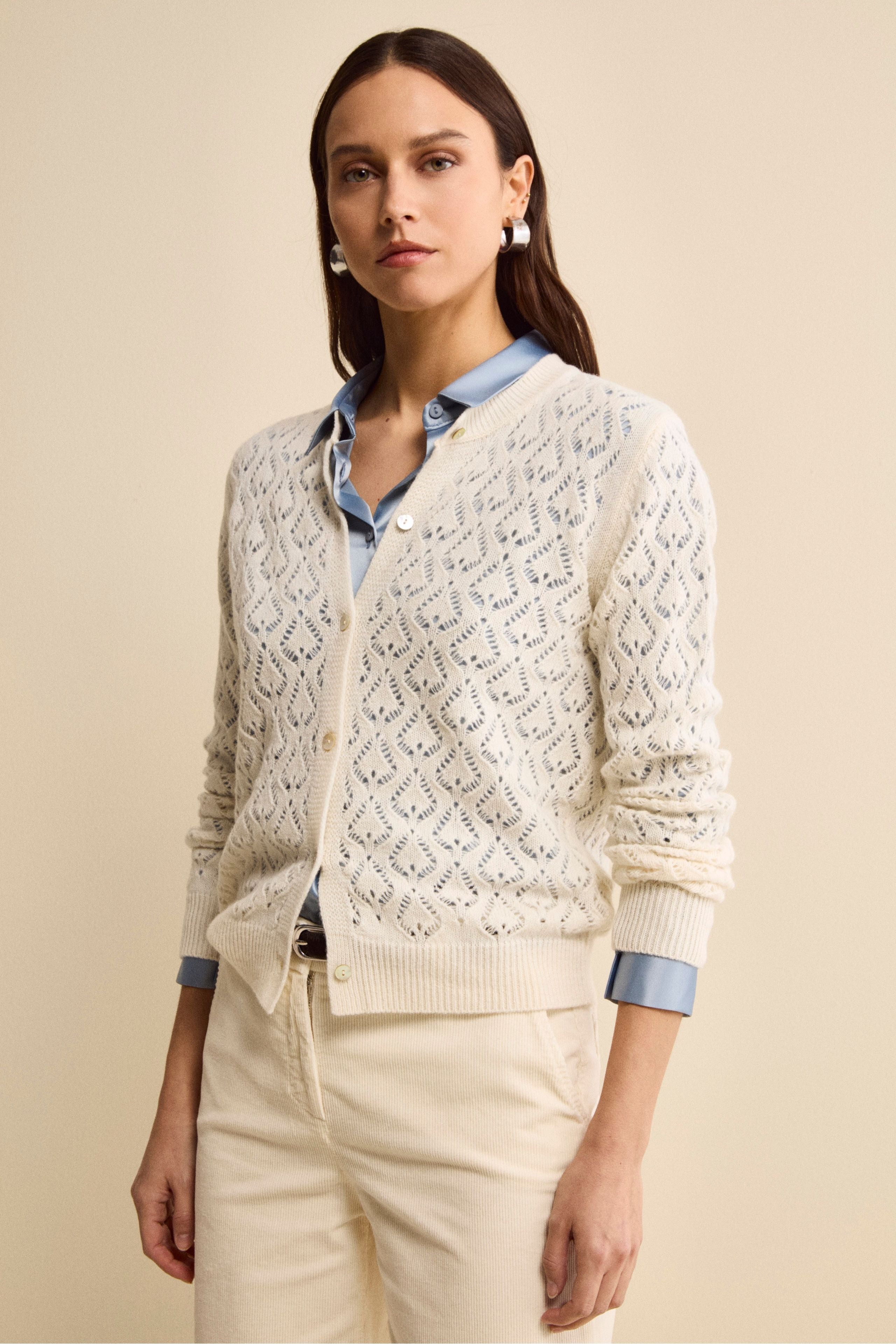 Cardigan Scollo a V Traforato in Lana e Cashmere - LATTE