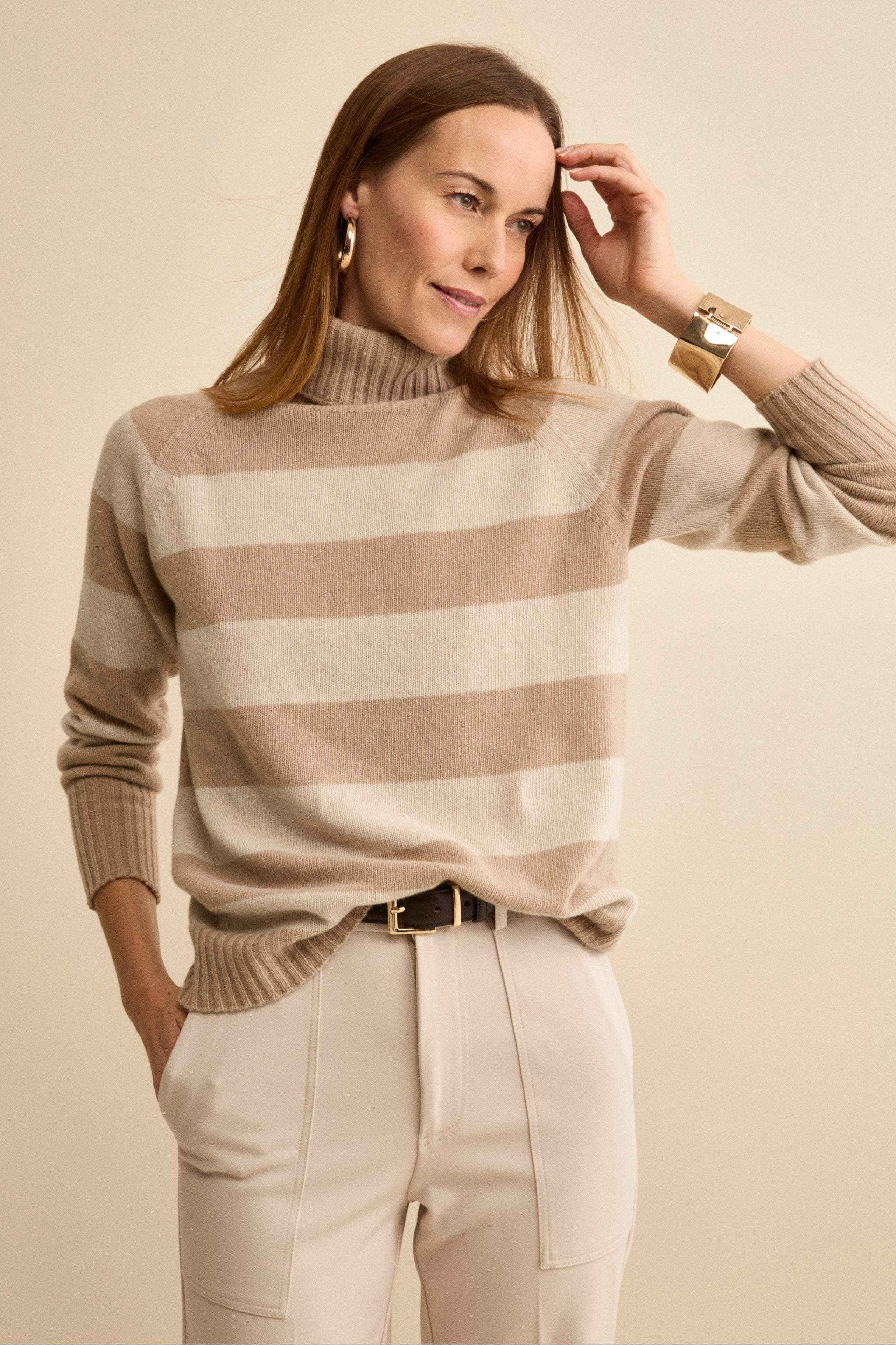Dolcevita a Righe in Lana e Cashmere con Manica Raglan - BEIGE/GRIGIO