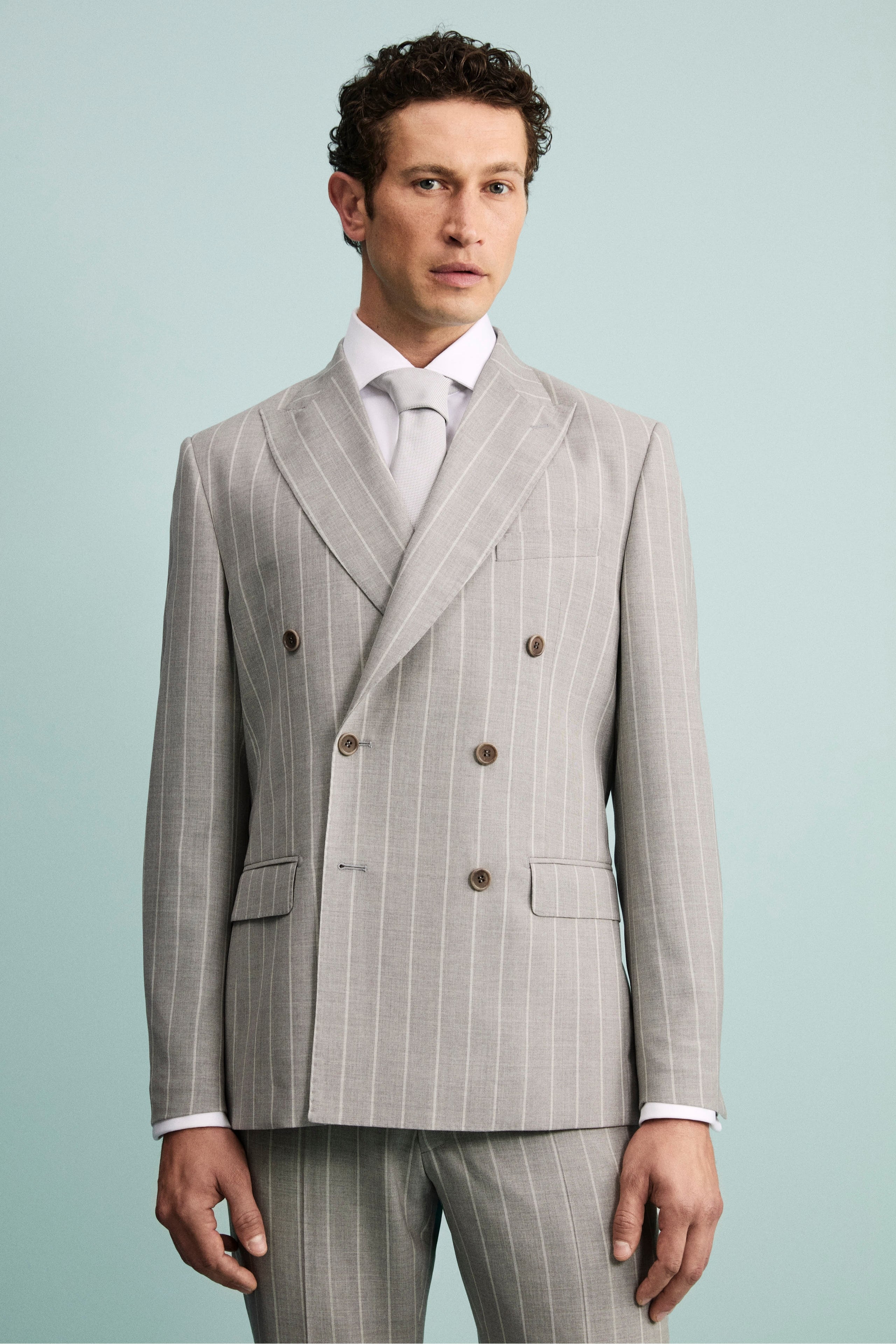 Abito Gessato Doppiopetto Slim Fit in Lana Vergine - RIGATO GRIGIO/BIANCO