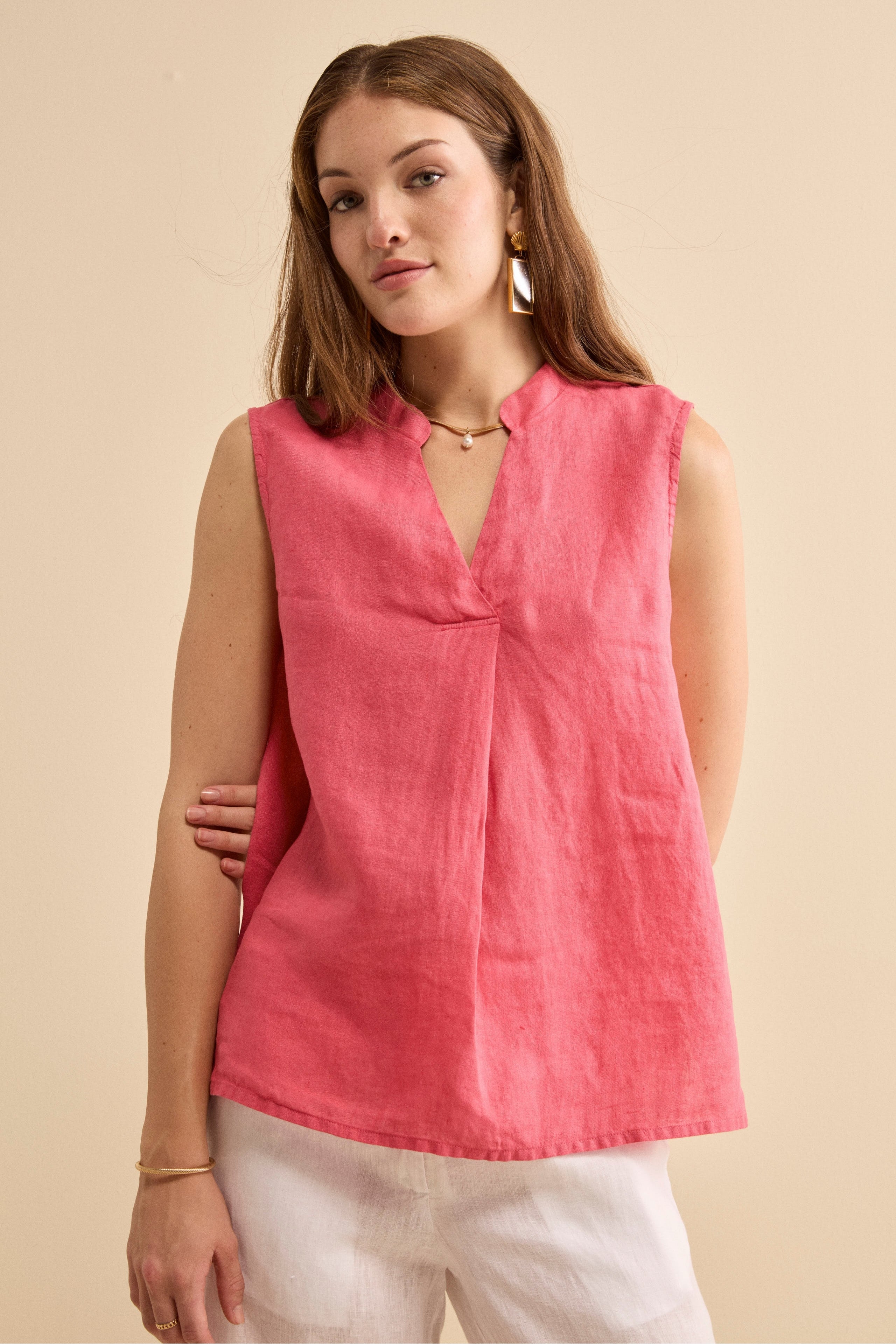 Top Incrociato in Lino con Scollo a V - CORALLO
