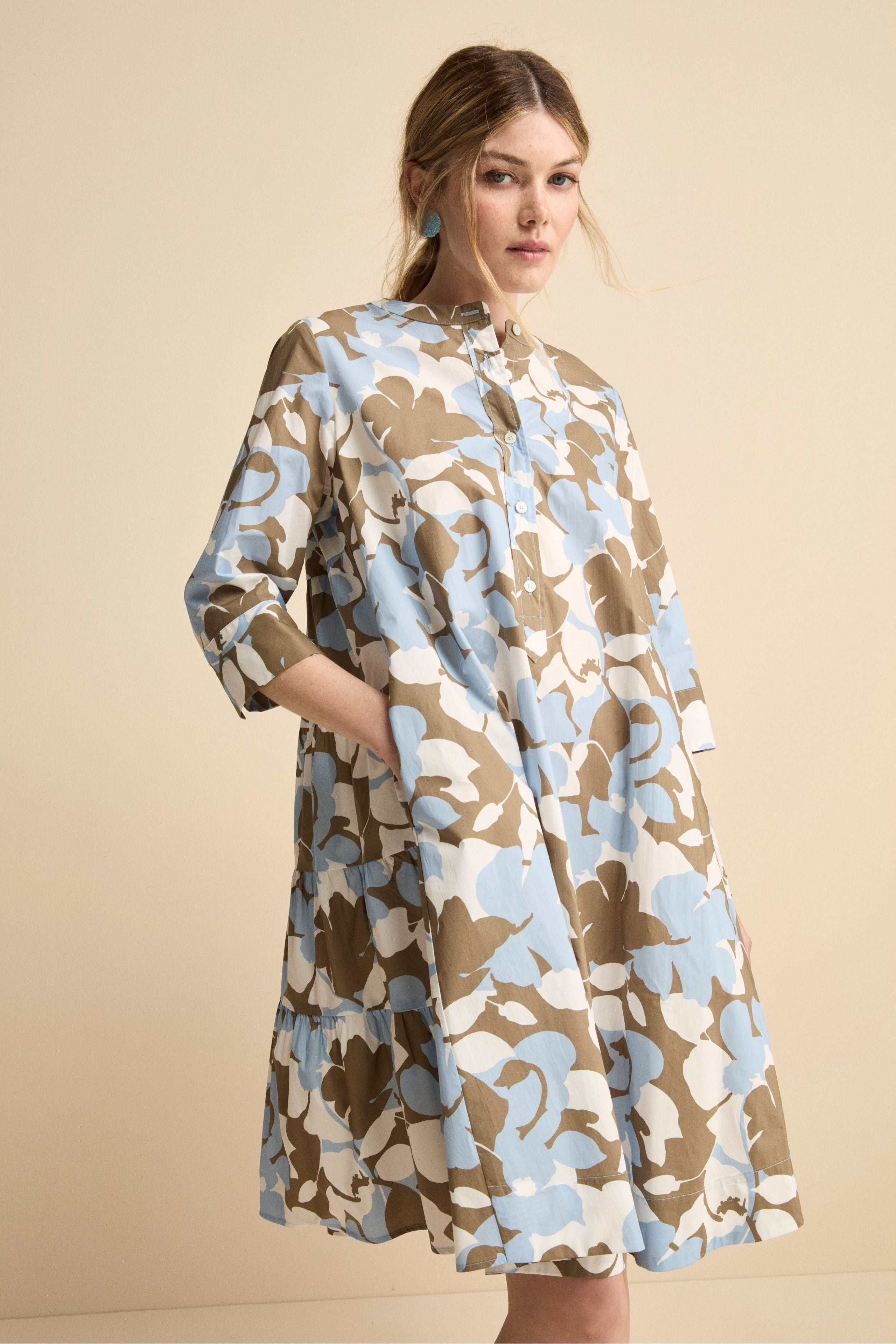 Abito Midi Floreale in Popeline - FANT. BIANCO/AZZURRO