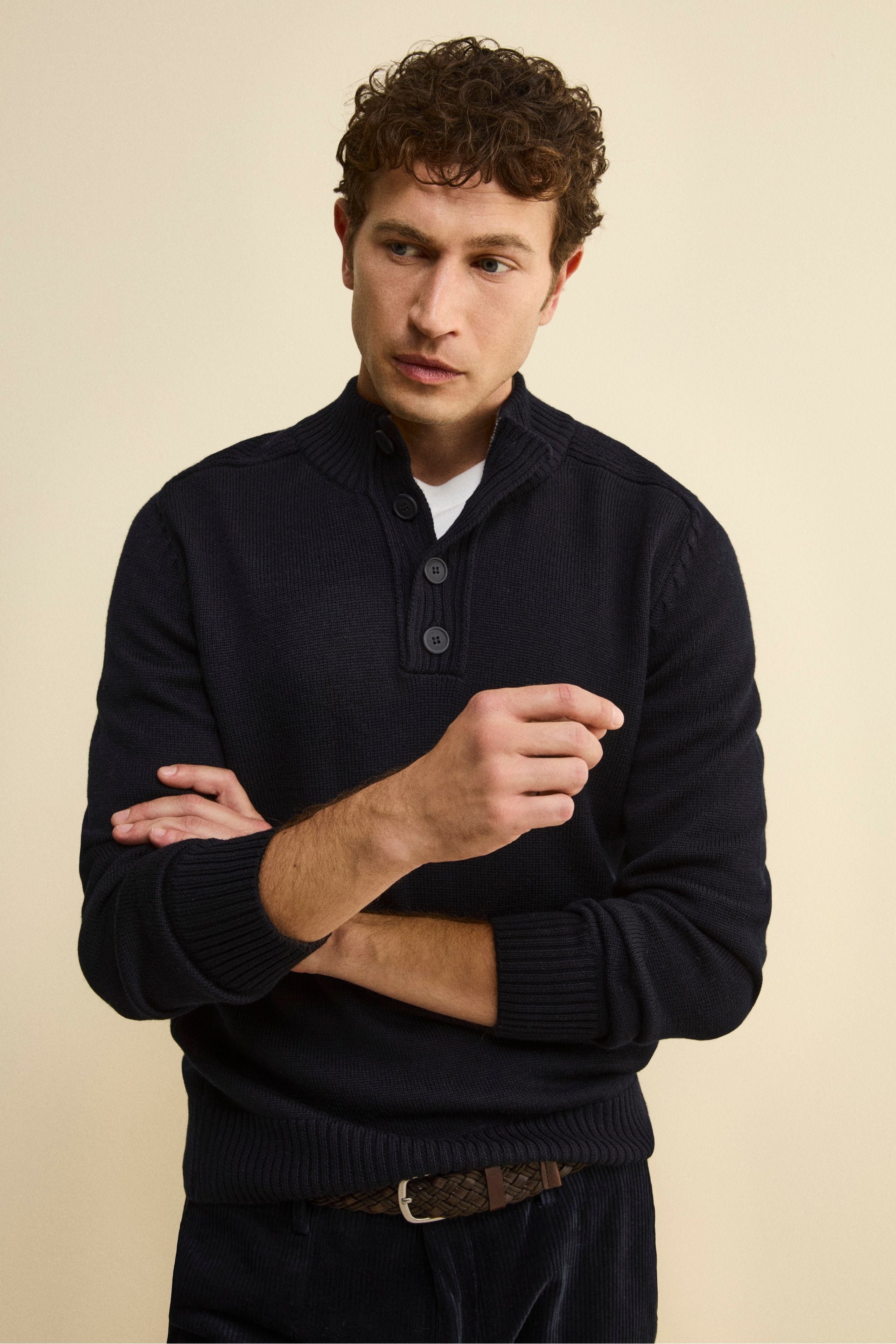 Lupetto con Bottoni in Lana Vergine Mouliné - BLU