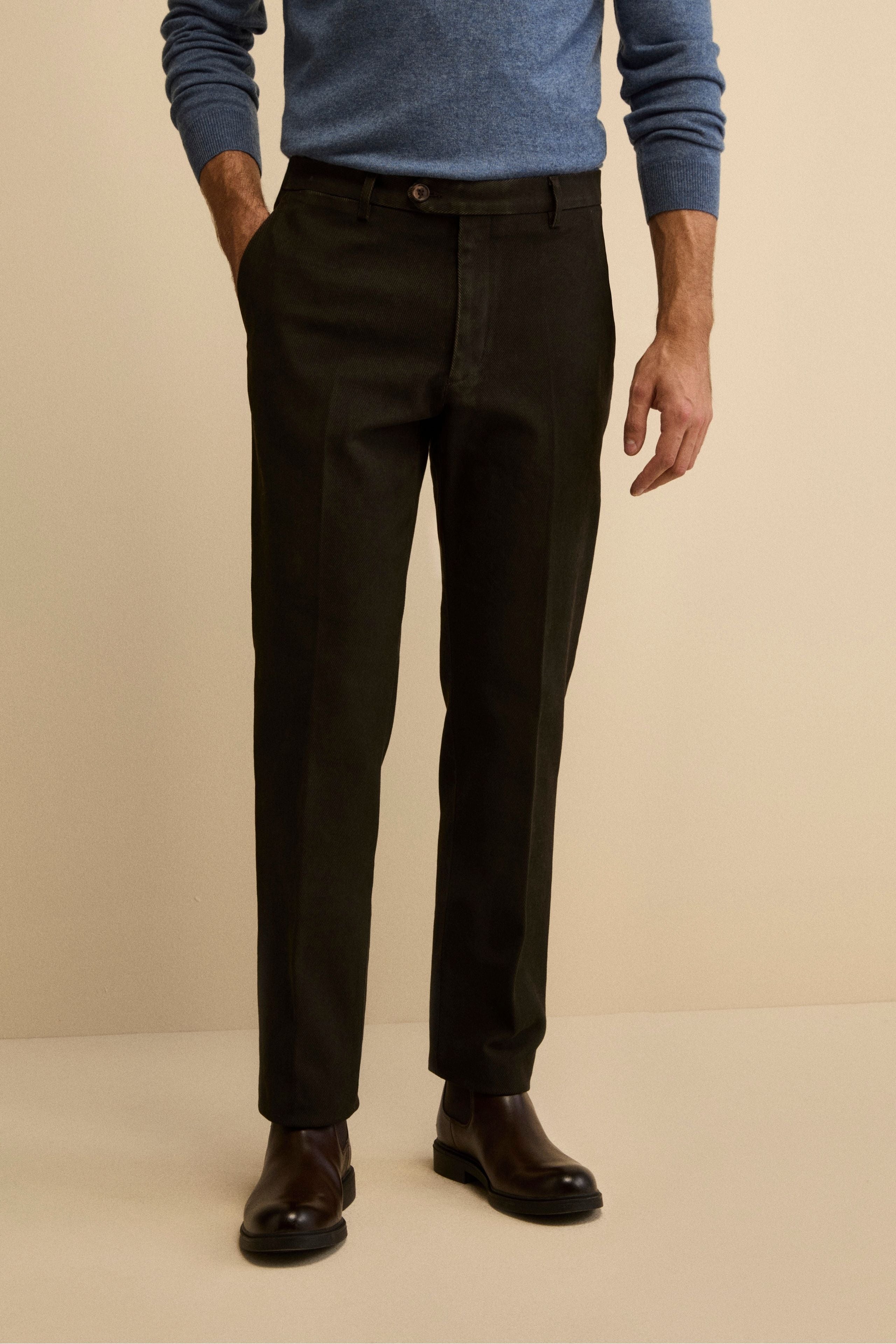 Pantalone con Pieghe Slim Fit in Cotone - T.MORO