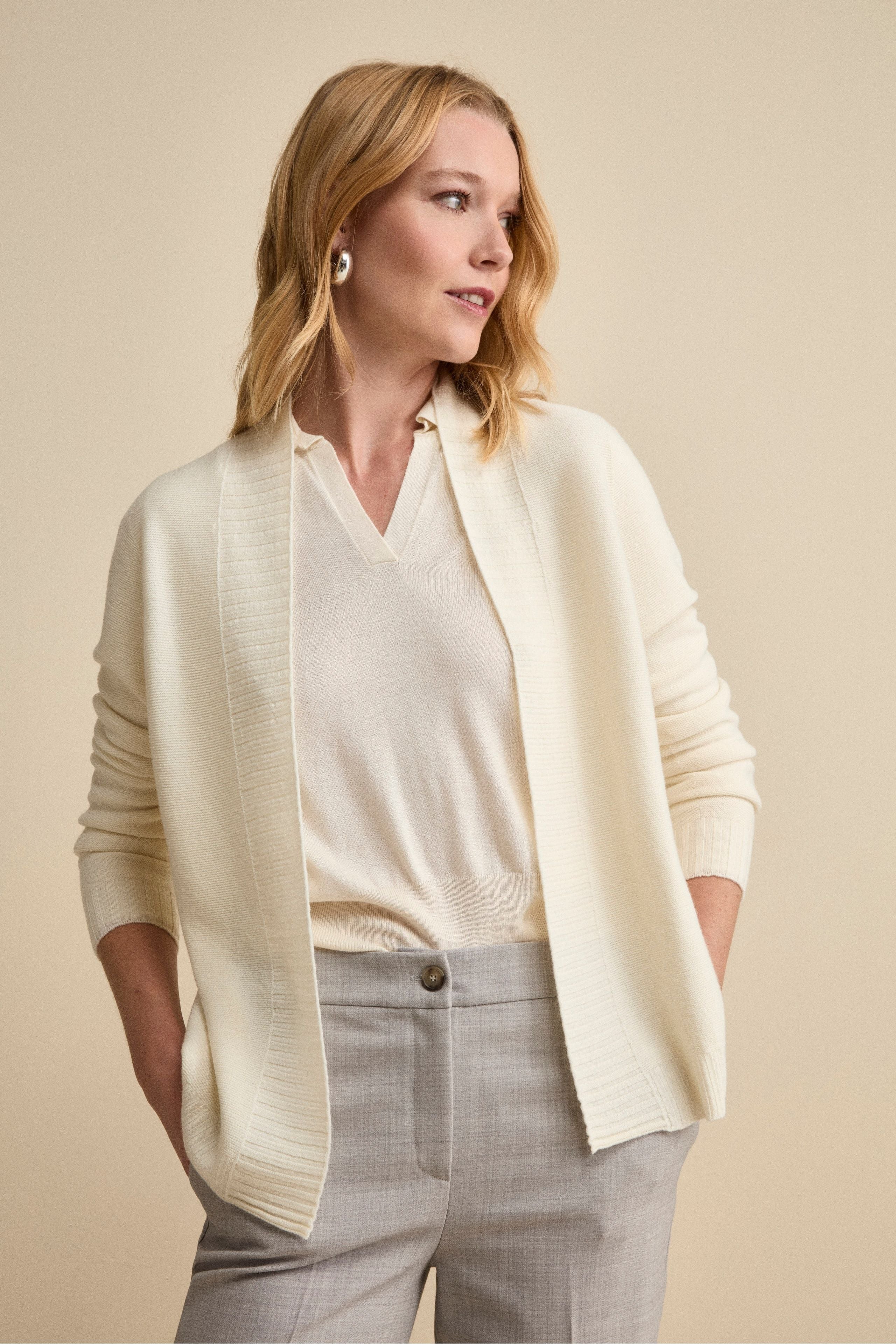 Cardigan Lungo con Collo a Scialle in Lana - PANNA