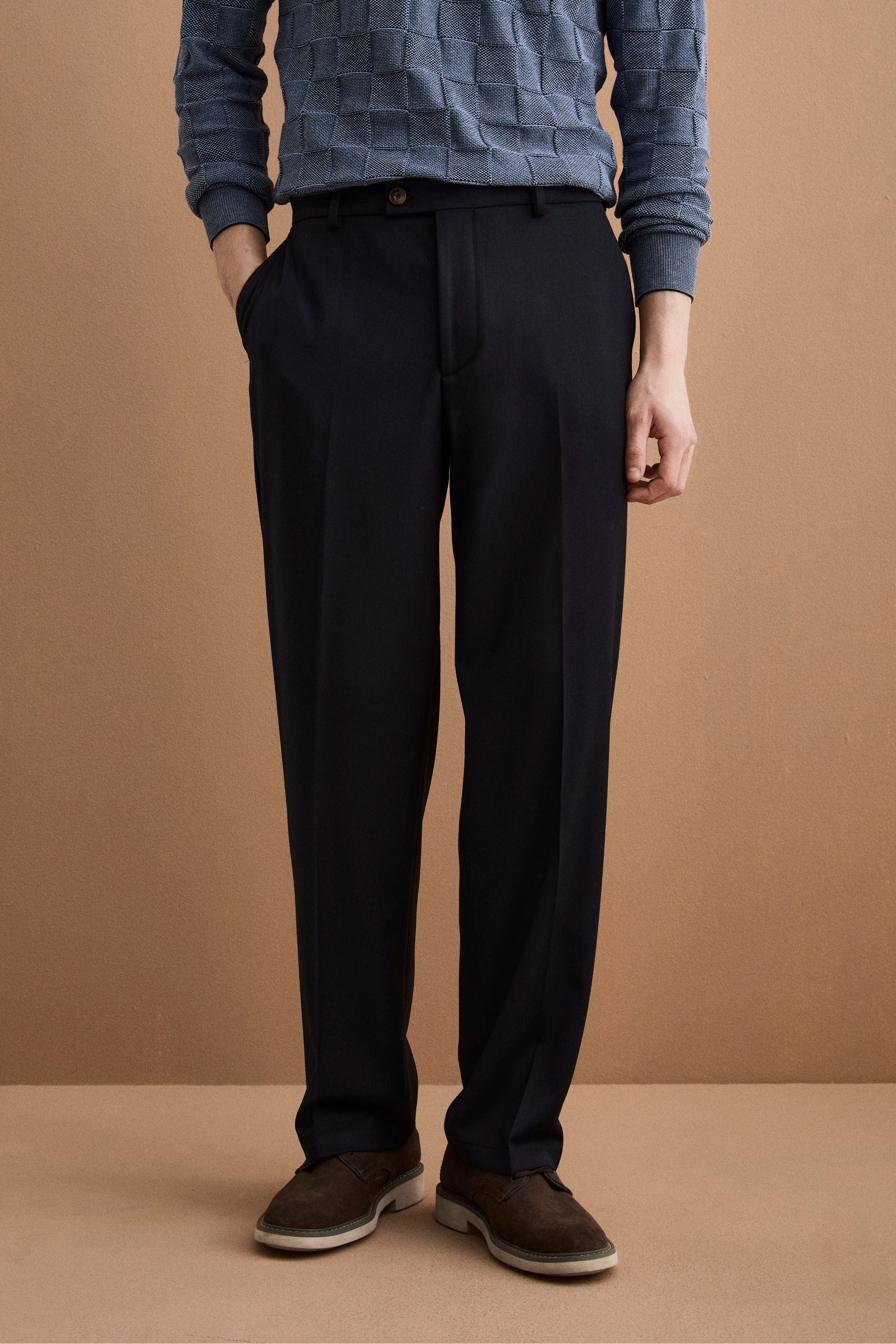 Pantalone Gamba Larga in Misto Lana con Piega - BLU SCURO